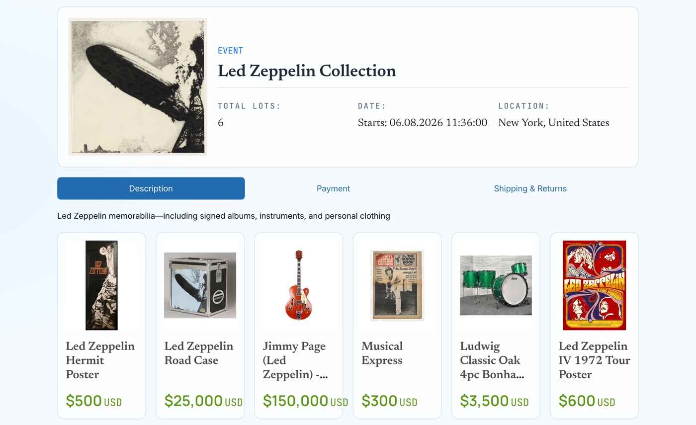 A PHP Pro Bid auction event page: a Led Zeppelin memorabilia collection with six lots, including posters, a road case, a Jimmy Page guitar, and a drum kit, each priced and scheduled to close in sequence.