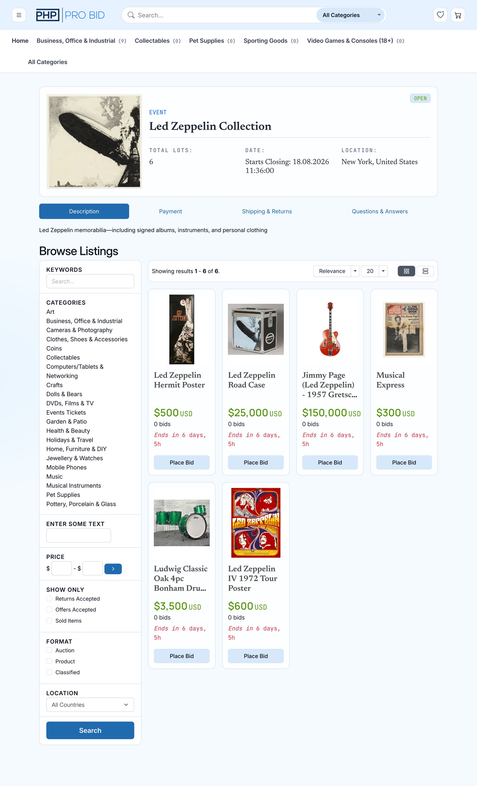 A live auction event on PHP Pro Bid: the Led Zeppelin Collection event page showing six lots — posters, a road case, a Jimmy Page guitar, and a drum kit — each with its current bid and staggered closing time, above the browsable catalog with category filters.