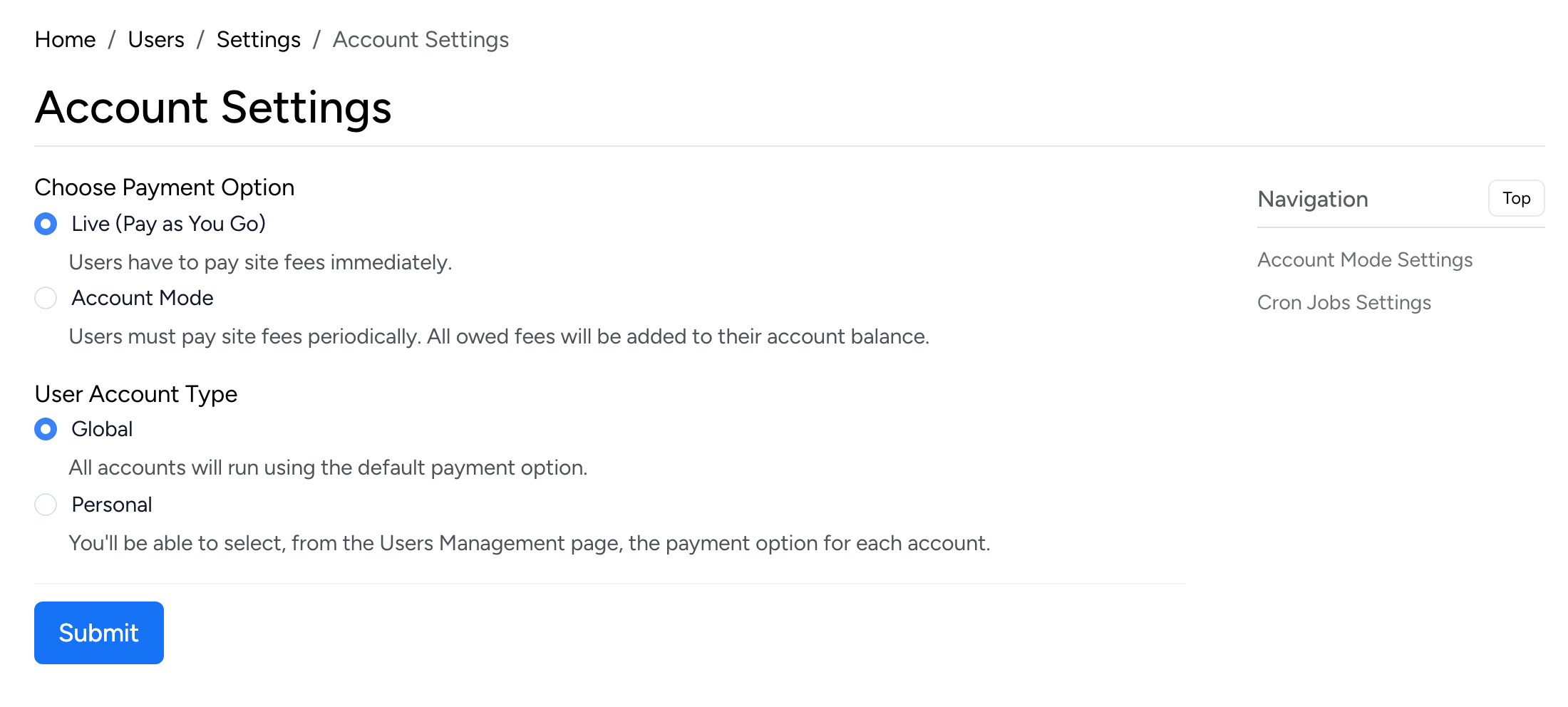 PHP Pro Bid admin — Account Settings page showing Payment Option (Live vs Account Mode) and User Account Type (Global vs Personal)