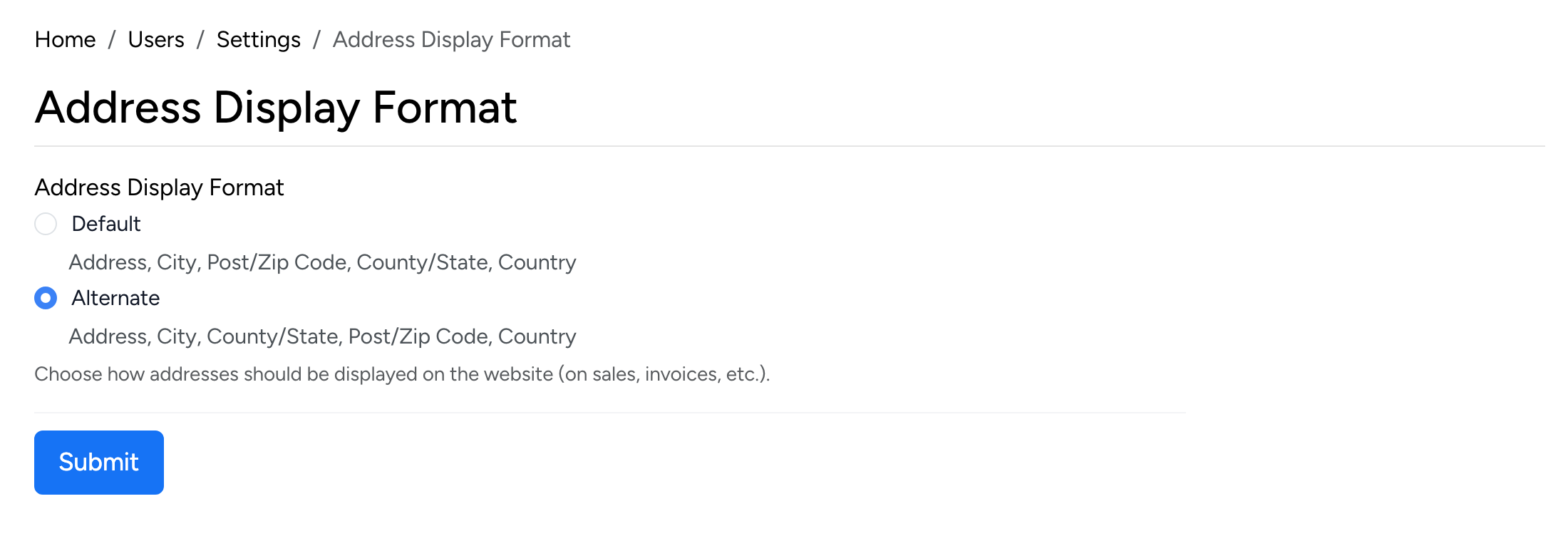 PHP Pro Bid admin — Address Display Format setting showing Default and Alternate format options