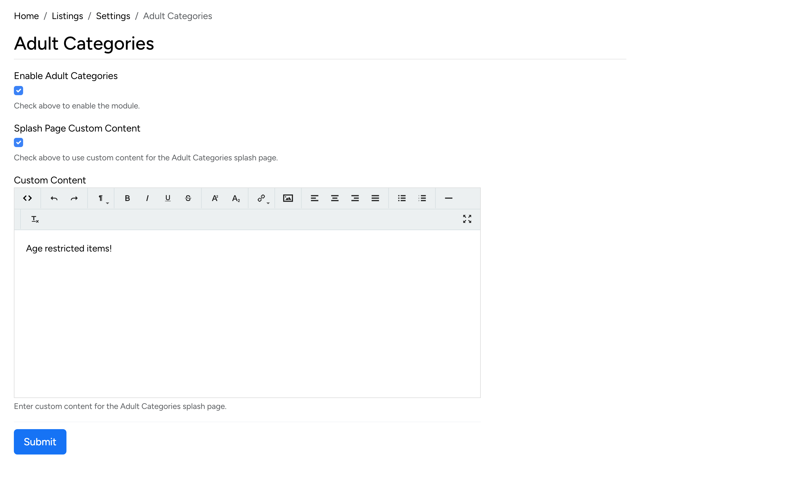 PHP Pro Bid admin — Adult Categories settings with Enable, Splash Page Custom Content, and WYSIWYG editor