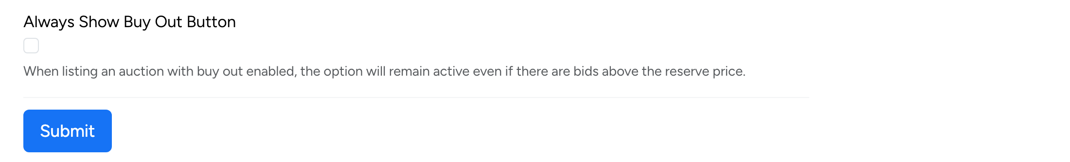 PHP Pro Bid — Always Show Buy Out Button setting with checkbox and description