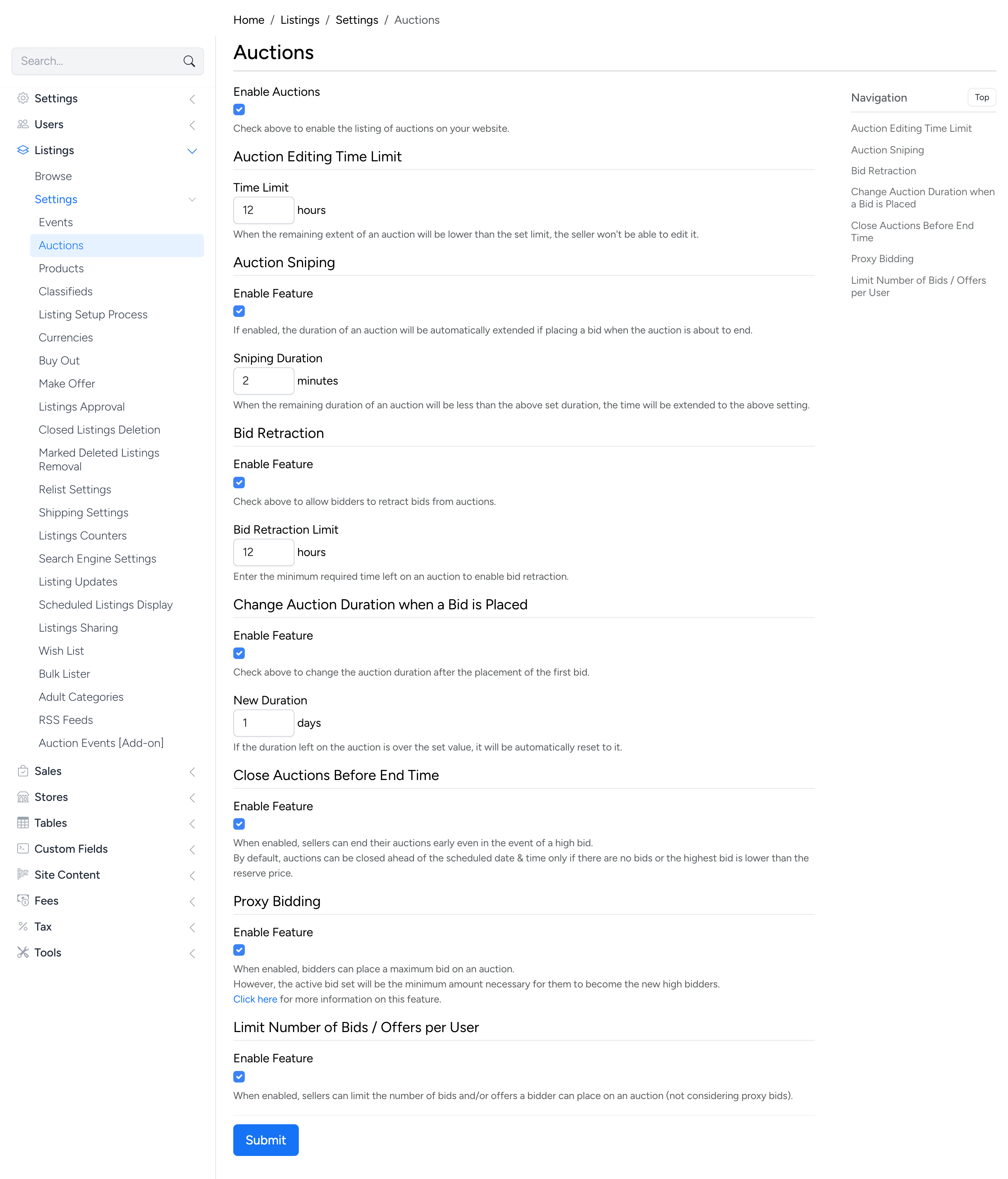 PHP Pro Bid — Full Auctions settings page in admin showing all auction configuration options with sidebar navigation