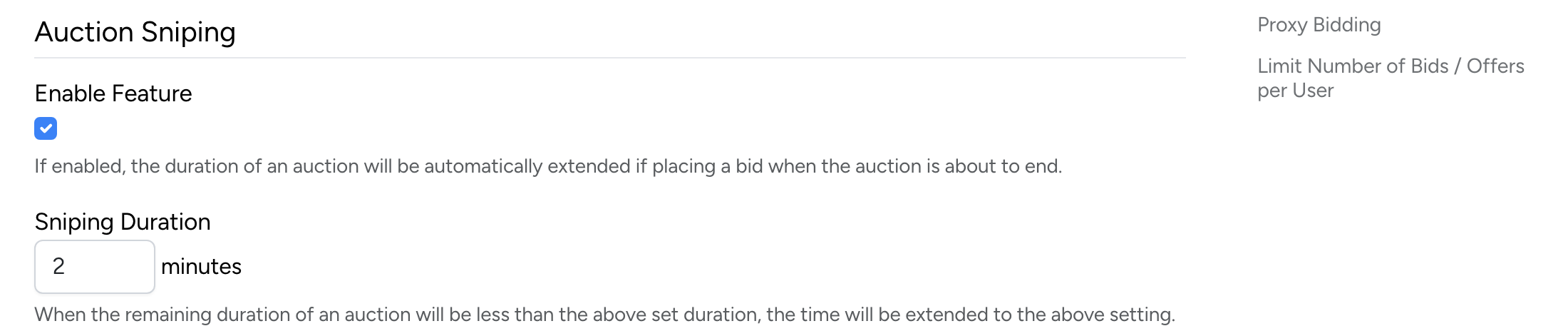 PHP Pro Bid — Admin auction settings showing Auction Sniping toggle and sniping duration