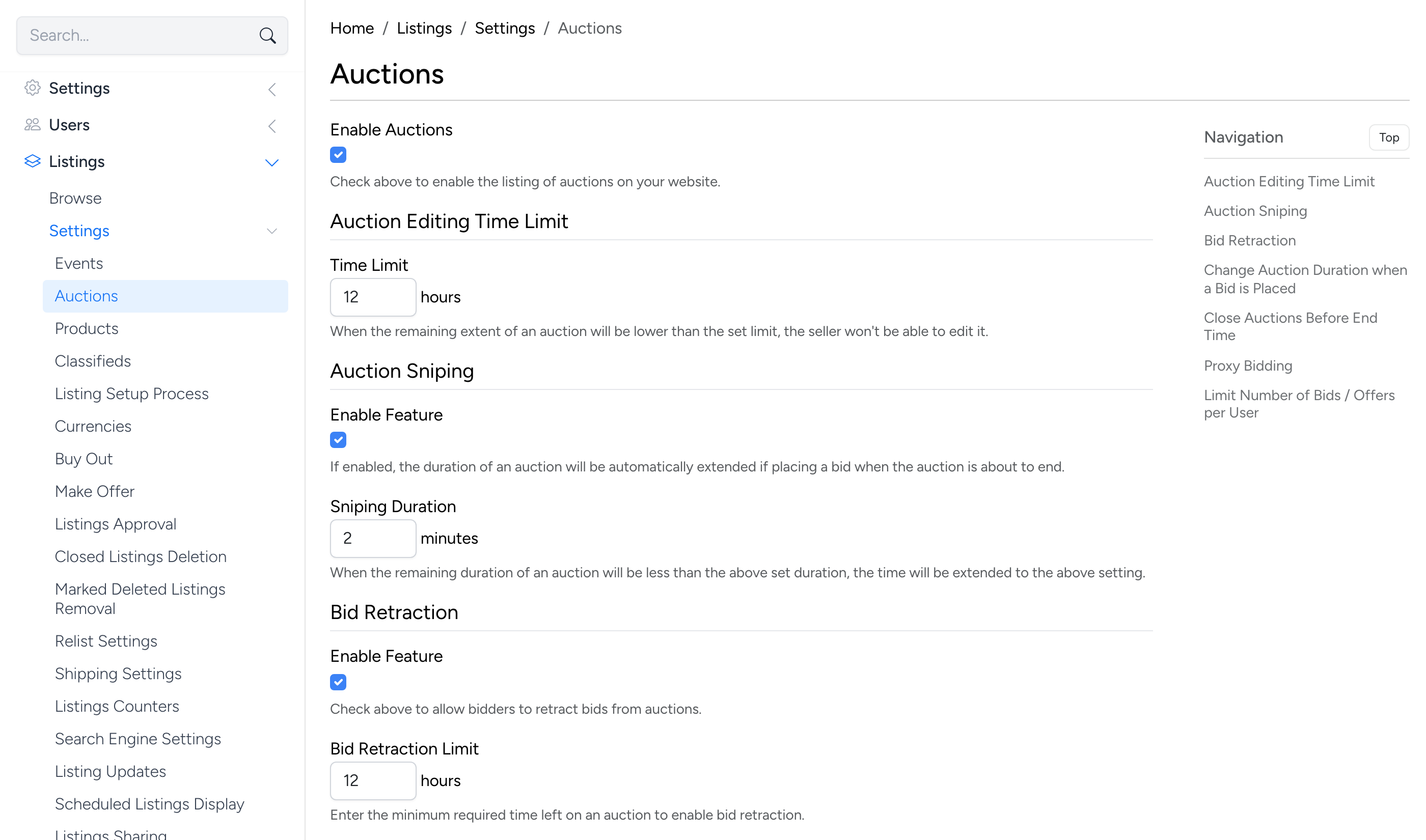 PHP Pro Bid — Admin auction settings showing Bid Retraction toggle and retraction time limit