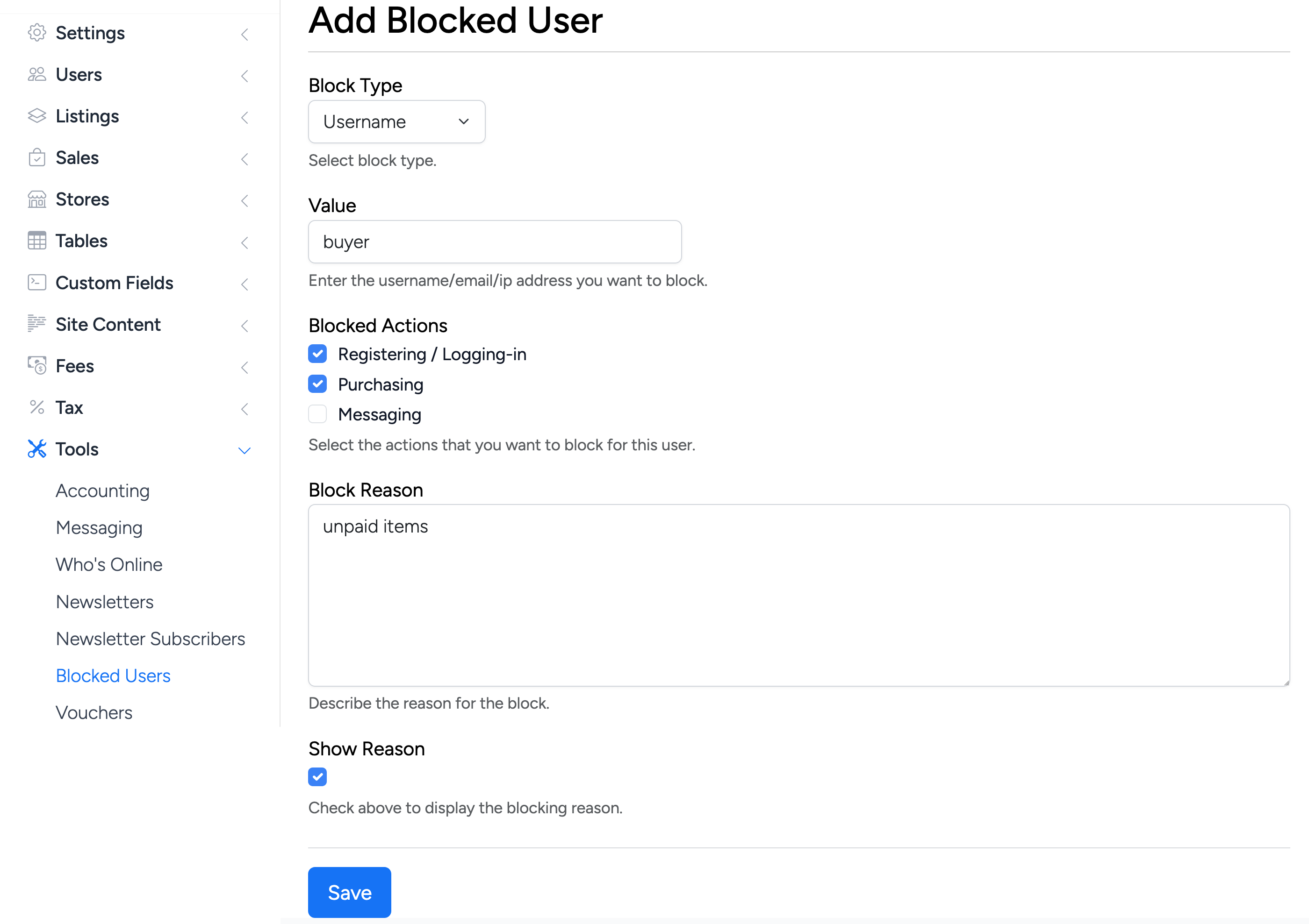 PHP Pro Bid — Admin Add Blocked User form with Block Type set to IP Address and additional Registering / Logging-in action