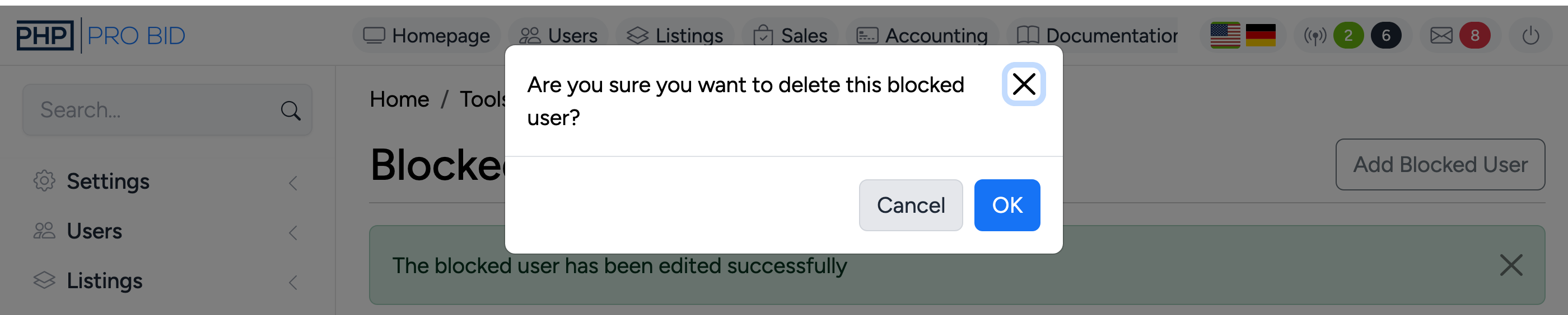 PHP Pro Bid — Delete confirmation dialog asking to confirm blocked user removal