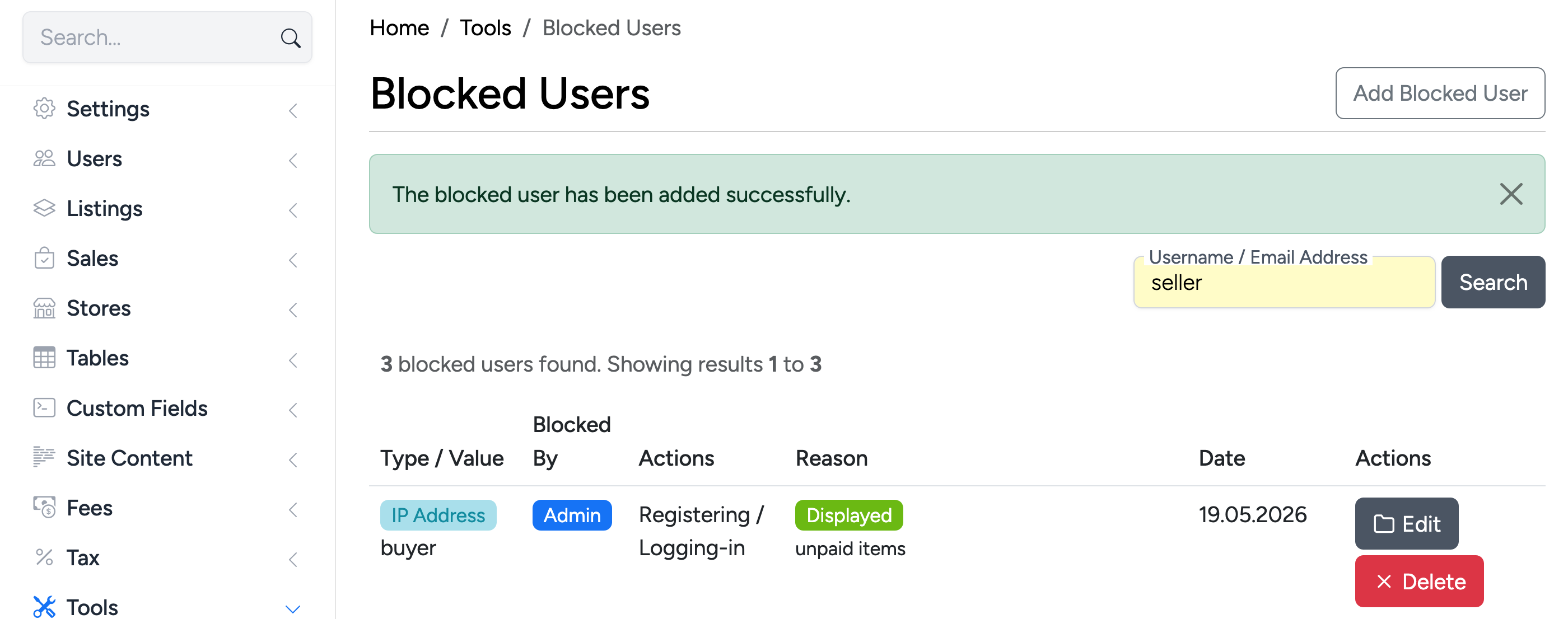 PHP Pro Bid — Admin Blocked Users list showing entries with a Blocked By column indicating Admin