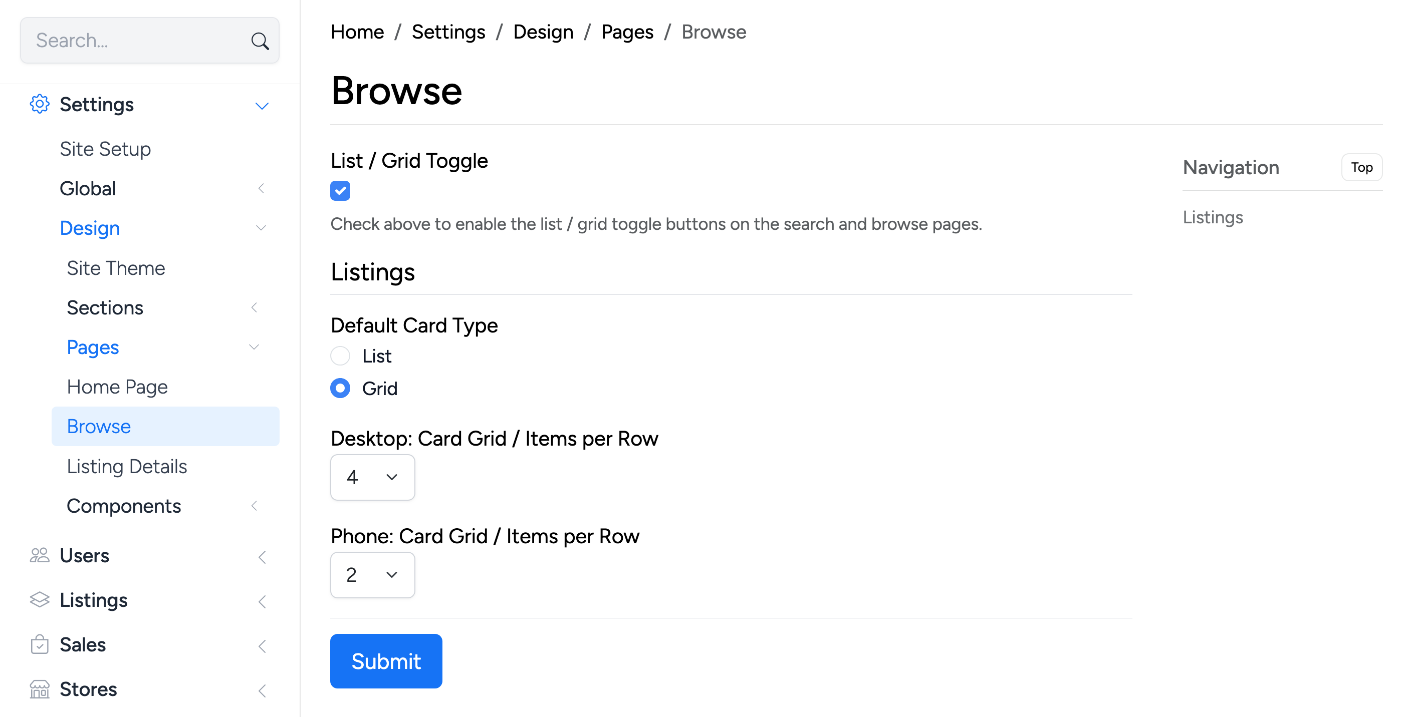 PHP Pro Bid admin — Browse settings showing List/Grid Toggle, Default Card Type, and Items per Row for desktop and phone