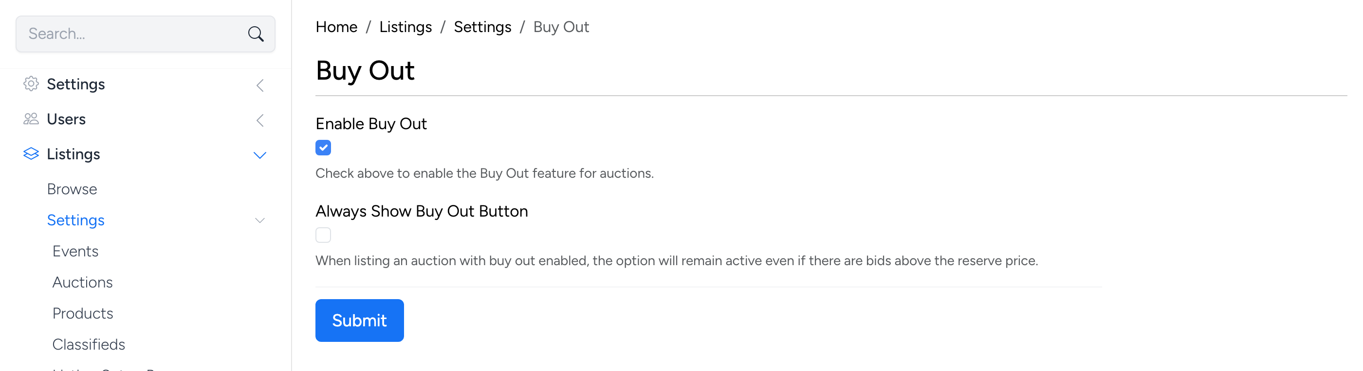 PHP Pro Bid — Full Buy Out settings page in admin showing all options with sidebar navigation