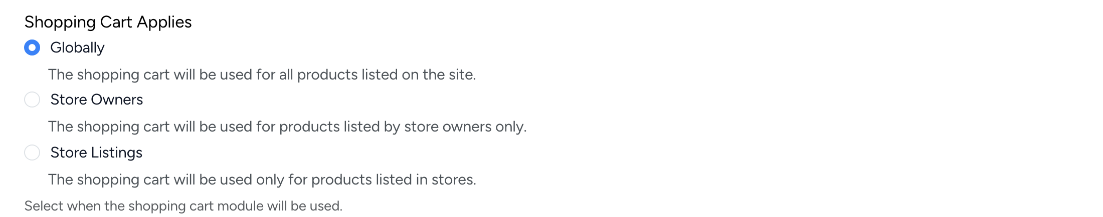 PHP Pro Bid — Shopping Cart Applies setting with Globally, Store Owners, and Store Listings options