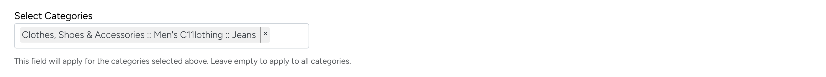 PHP Pro Bid admin — Select Categories field with 'Clothes, Shoes & Accessories :: Men's Clothing :: Jeans' selected