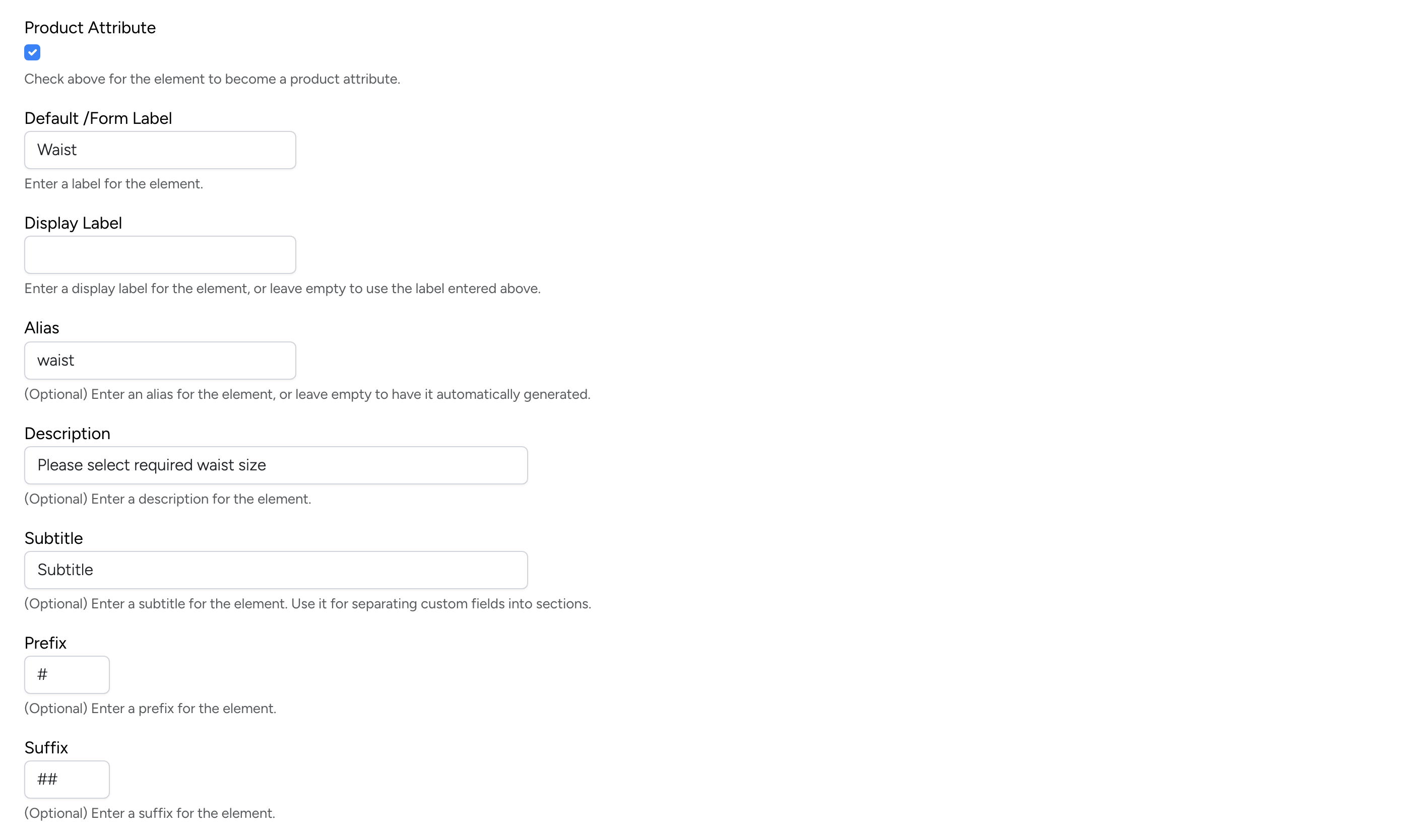 PHP Pro Bid admin — Custom field labels section showing Product Attribute, Default/Form Label, Display Label, Alias, Description, Subtitle, Prefix, and Suffix fields