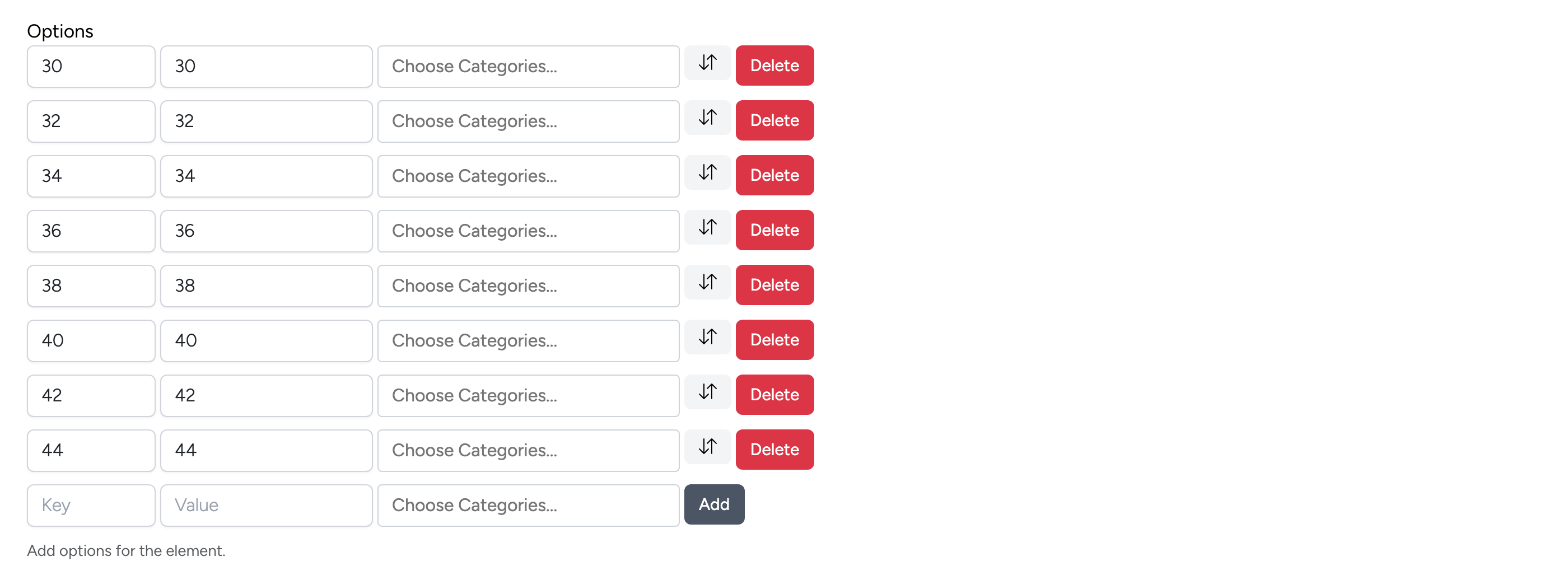 PHP Pro Bid admin — Options table with waist sizes (30–44) showing key, value, category assignment, and delete buttons