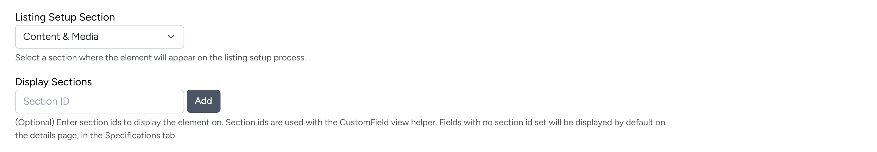 PHP Pro Bid admin — Listing Setup Section dropdown set to Content & Media, and Display Sections field