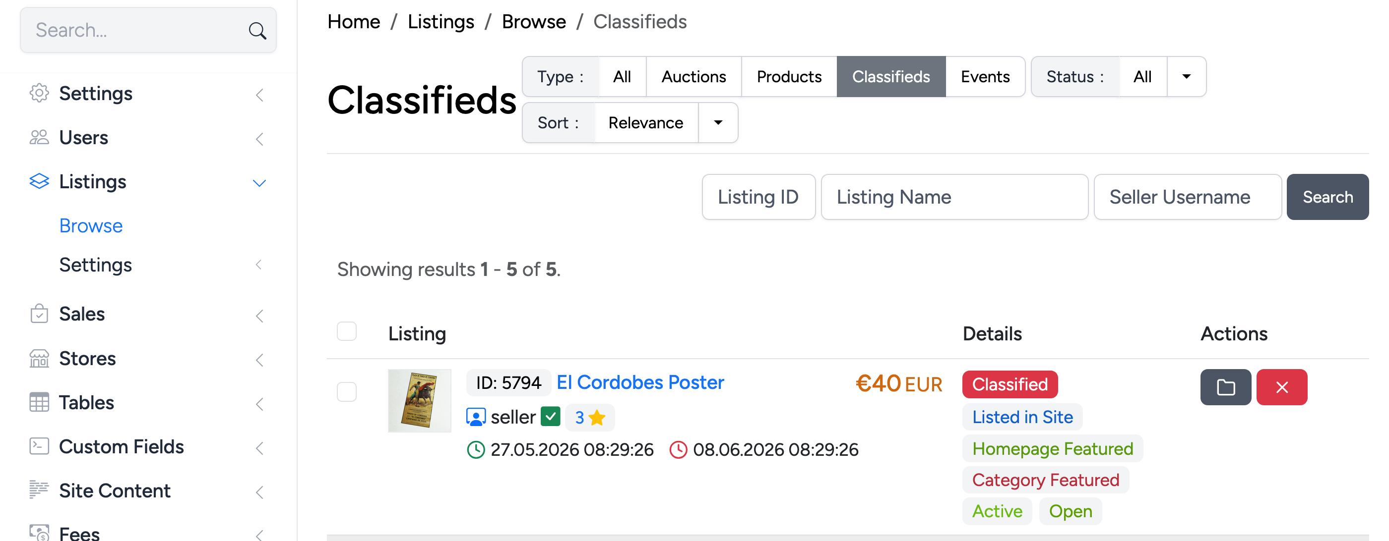 PHP Pro Bid admin — Classifieds browse page showing a list of classified listings with status badges and action buttons