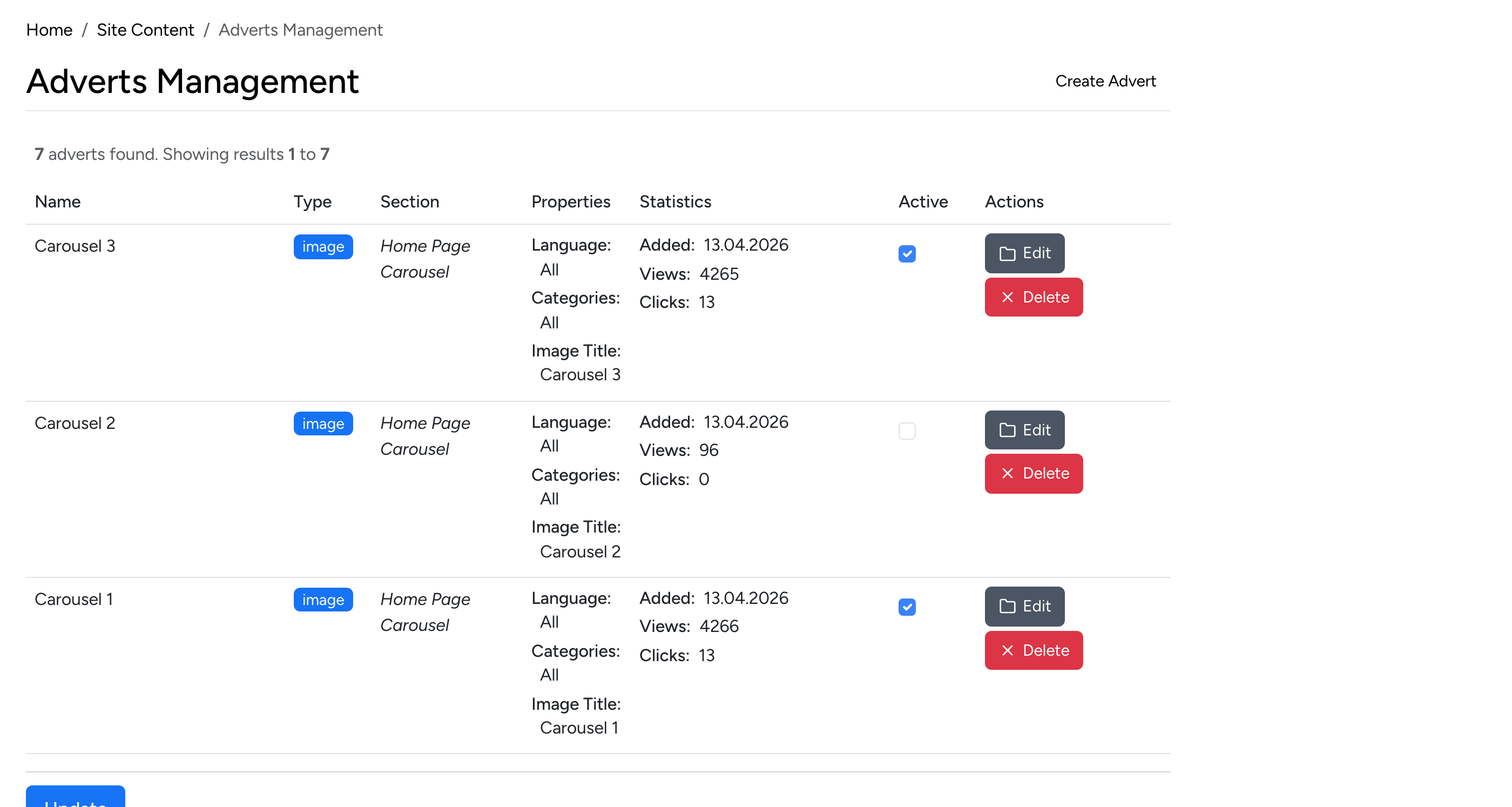 PHP Pro Bid admin — Adverts Management with name, type (image/HTML), section placement, properties, view/click statistics, and active toggle