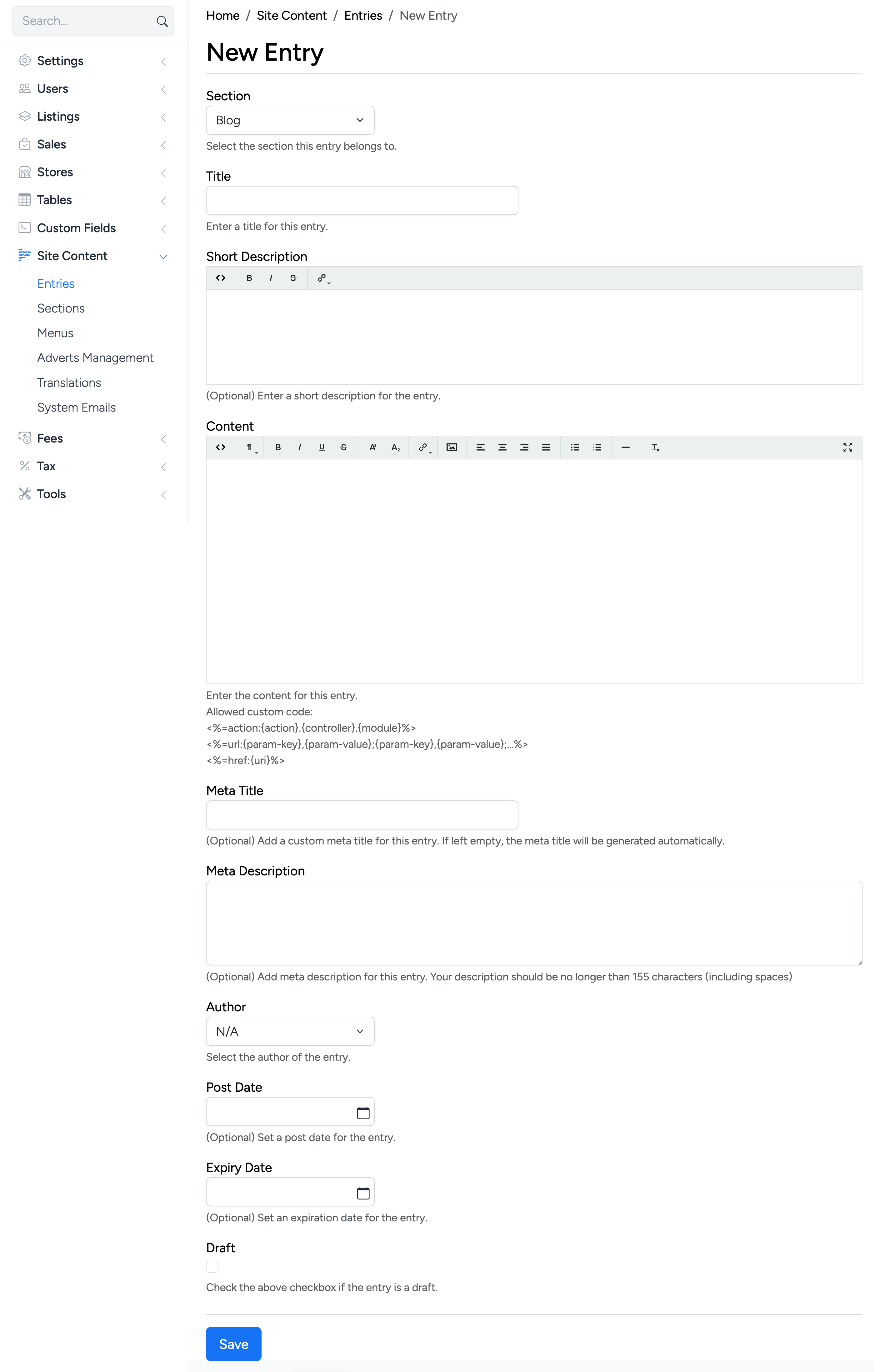 PHP Pro Bid admin — New Entry form with Section, Title, Short Description, Content editor, Meta Title, Meta Description, Author, Post Date, Expiry Date, and Draft fields
