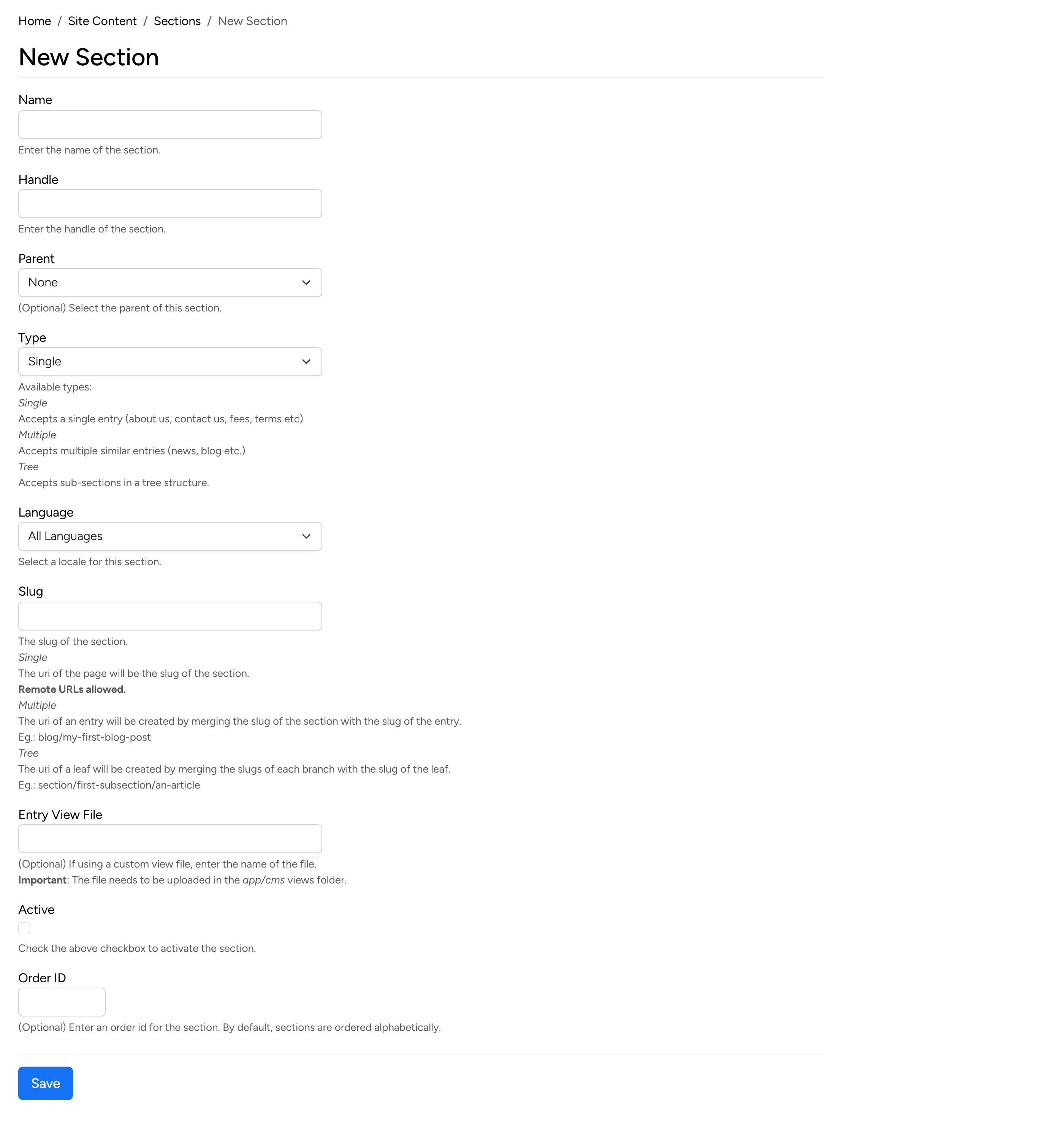PHP Pro Bid admin — New Section form with Name, Handle, Parent, Type, Language, Slug, Entry View File, Active, and Order ID fields