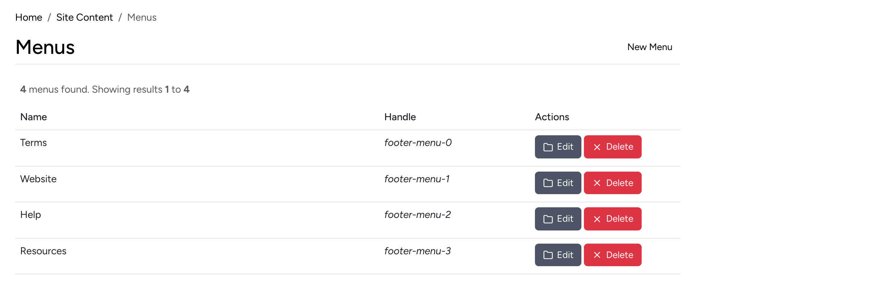PHP Pro Bid admin — Menus management listing footer menus with name, handle, and action buttons