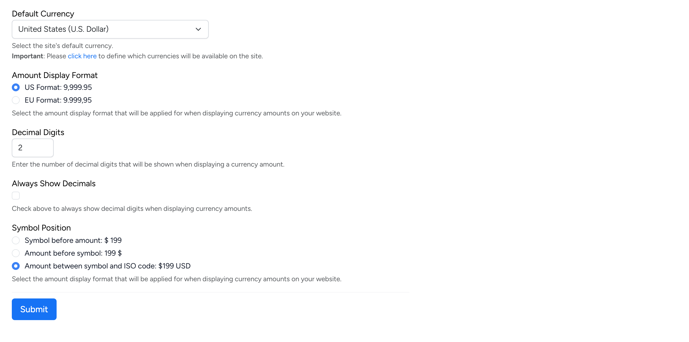 PHP Pro Bid admin — Currency settings showing default currency, amount display format, decimal digits, and symbol position