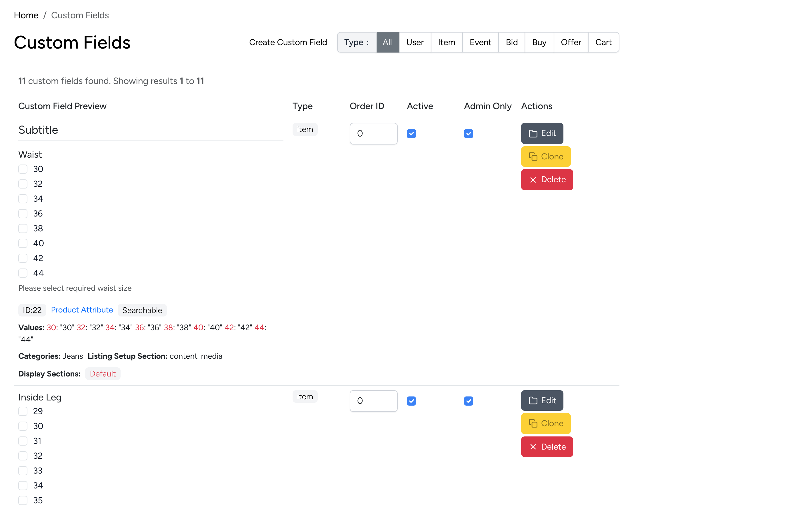 PHP Pro Bid admin — Custom Fields browse page showing filter tabs and a list of custom fields with preview, type, order, active status, and action buttons