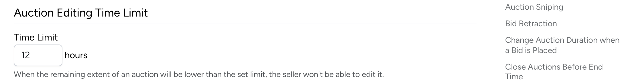 PHP Pro Bid — Auction Editing Time Limit setting showing time field in hours