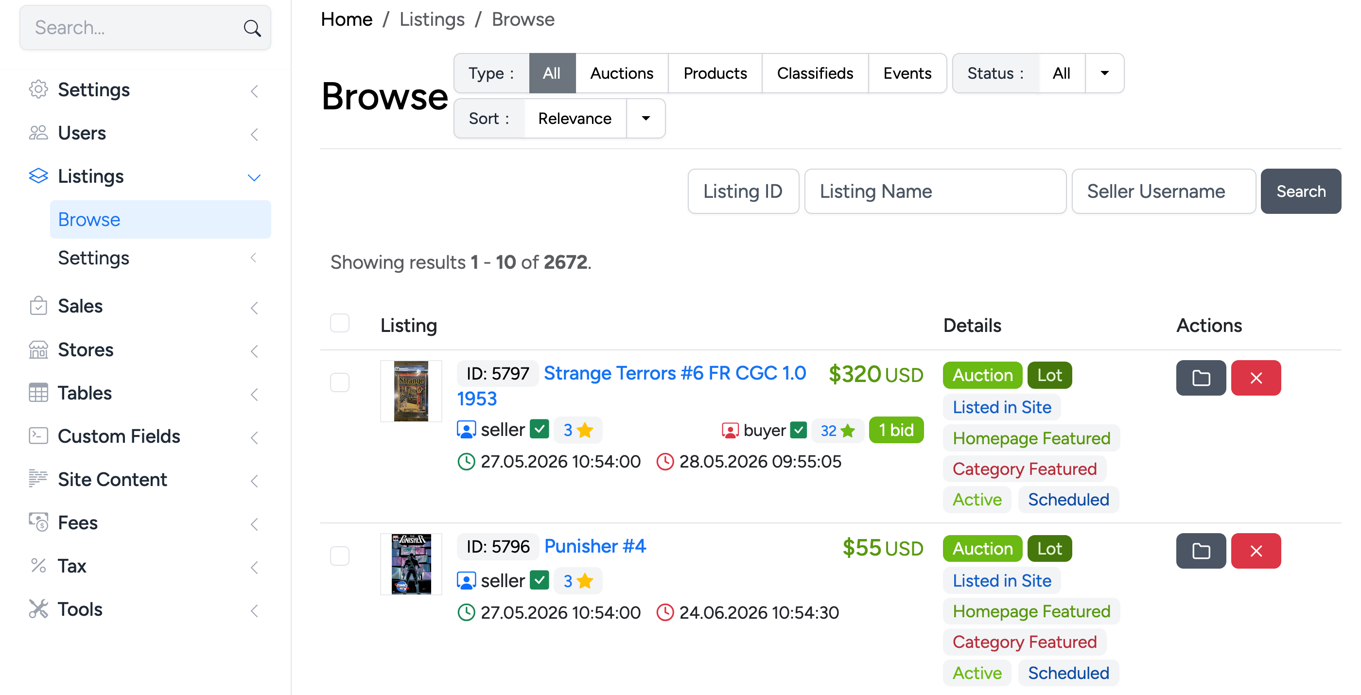 PHP Pro Bid admin — Listings Browse page with Events filter tab, showing auction lots with Lot badges, bid counts, and status