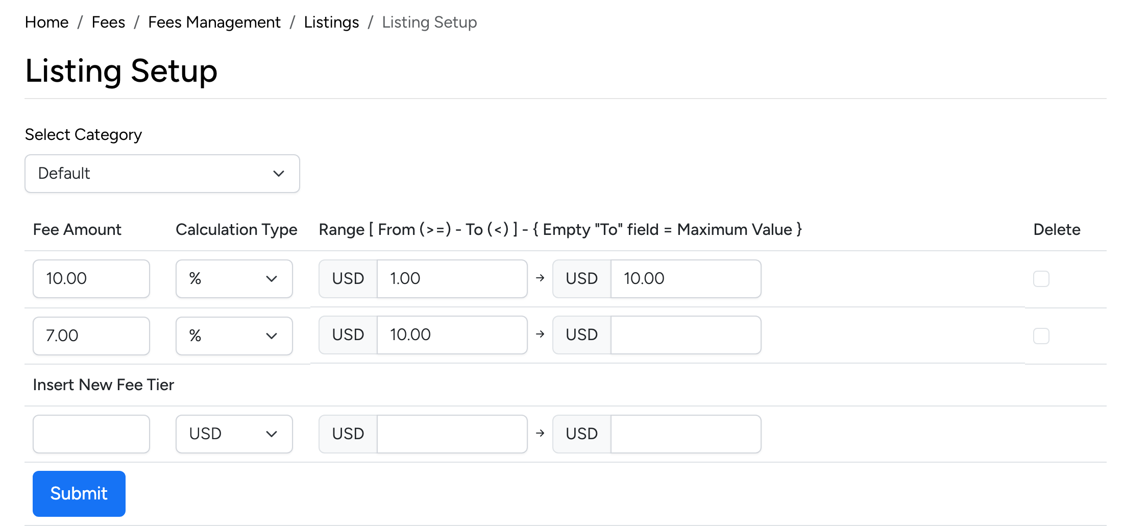 PHP Pro Bid admin — Listing Setup fee configuration showing fee amount, free listings, and listing duration surcharge settings
