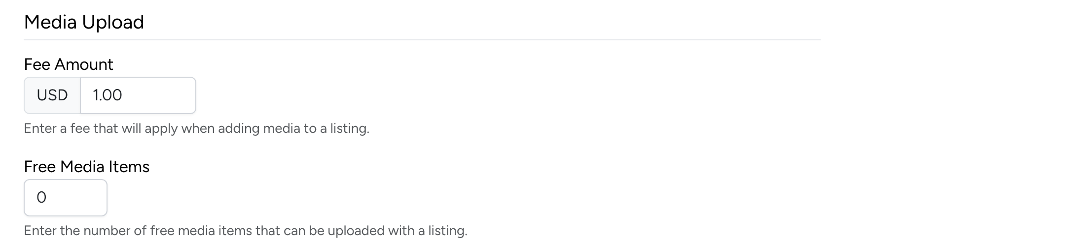 PHP Pro Bid admin — Media Upload fee amount and free media items settings