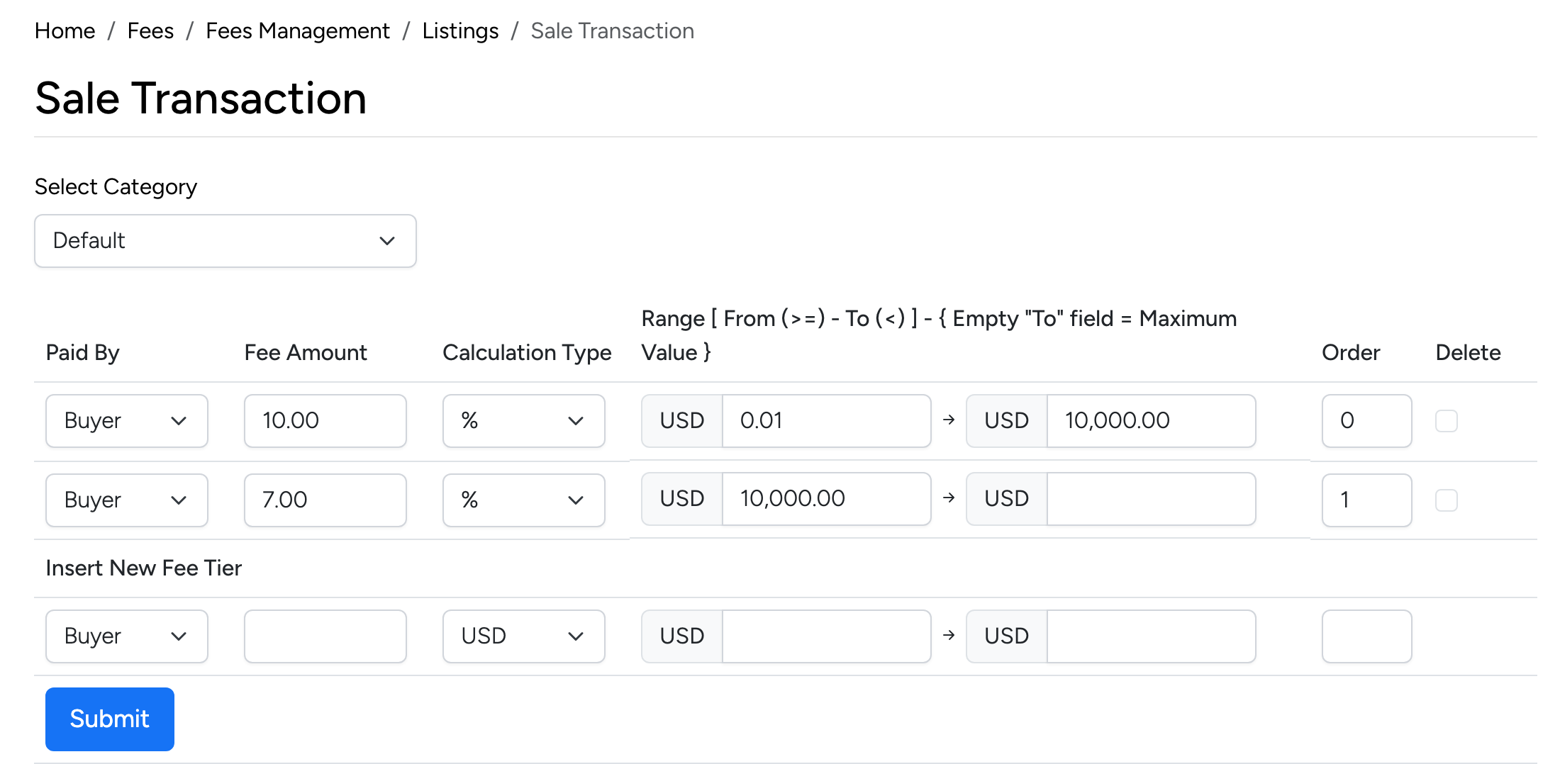PHP Pro Bid admin — Sale Transaction fee configuration showing fee type, amount, and settings