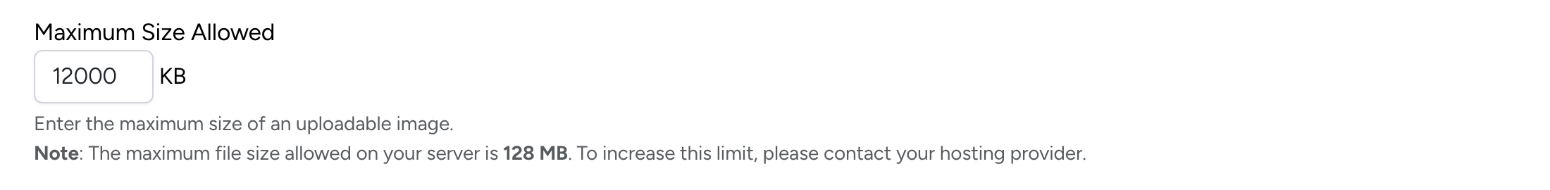 PHP Pro Bid — Maximum Size Allowed setting with input field and server limit note