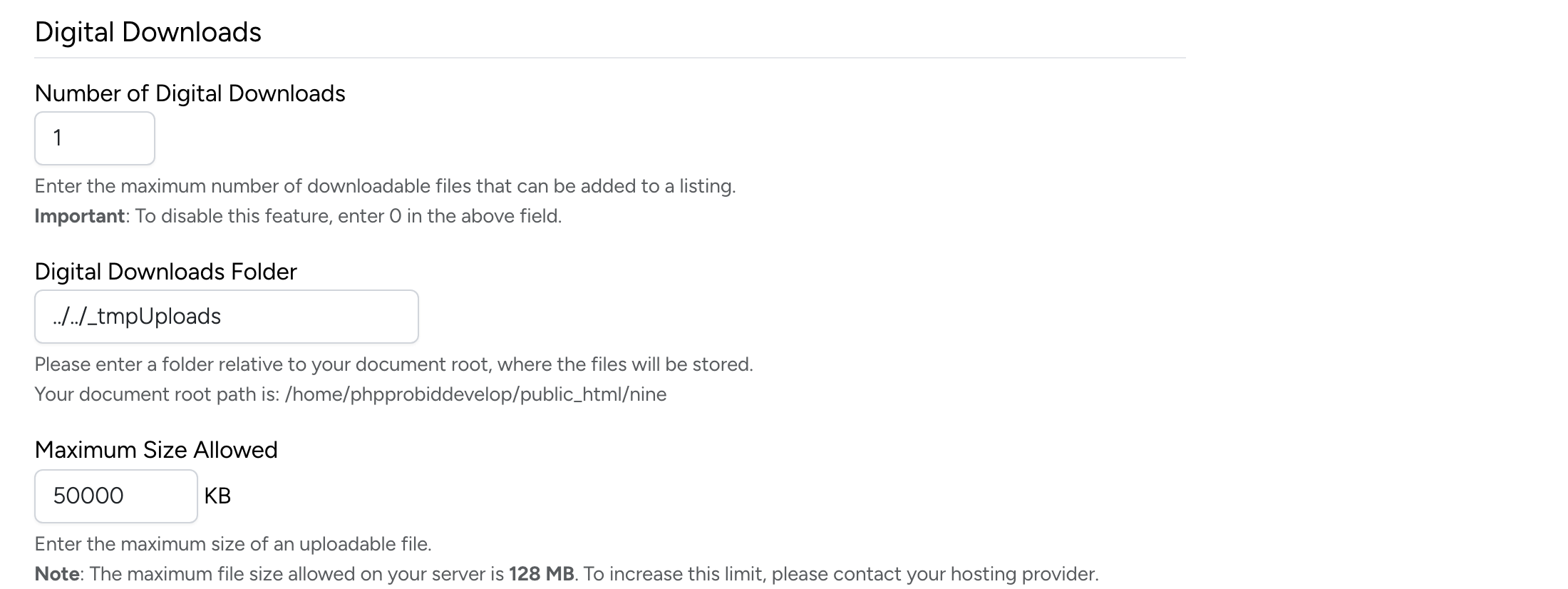 PHP Pro Bid — Admin digital downloads settings showing number of downloads, folder path, and maximum size