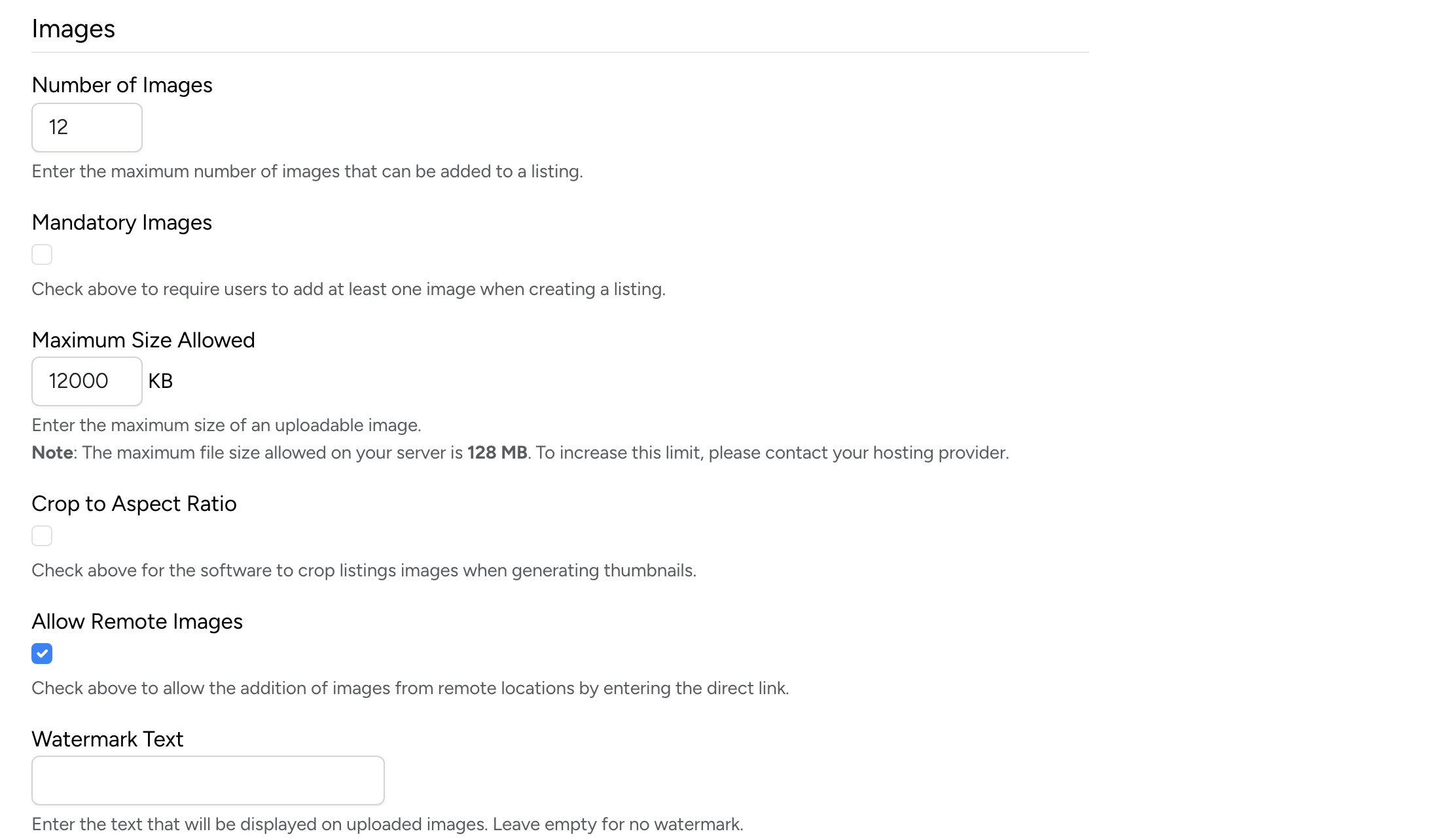 PHP Pro Bid — Images settings showing number of images, mandatory toggle, max size, aspect ratio crop, remote images, and watermark text