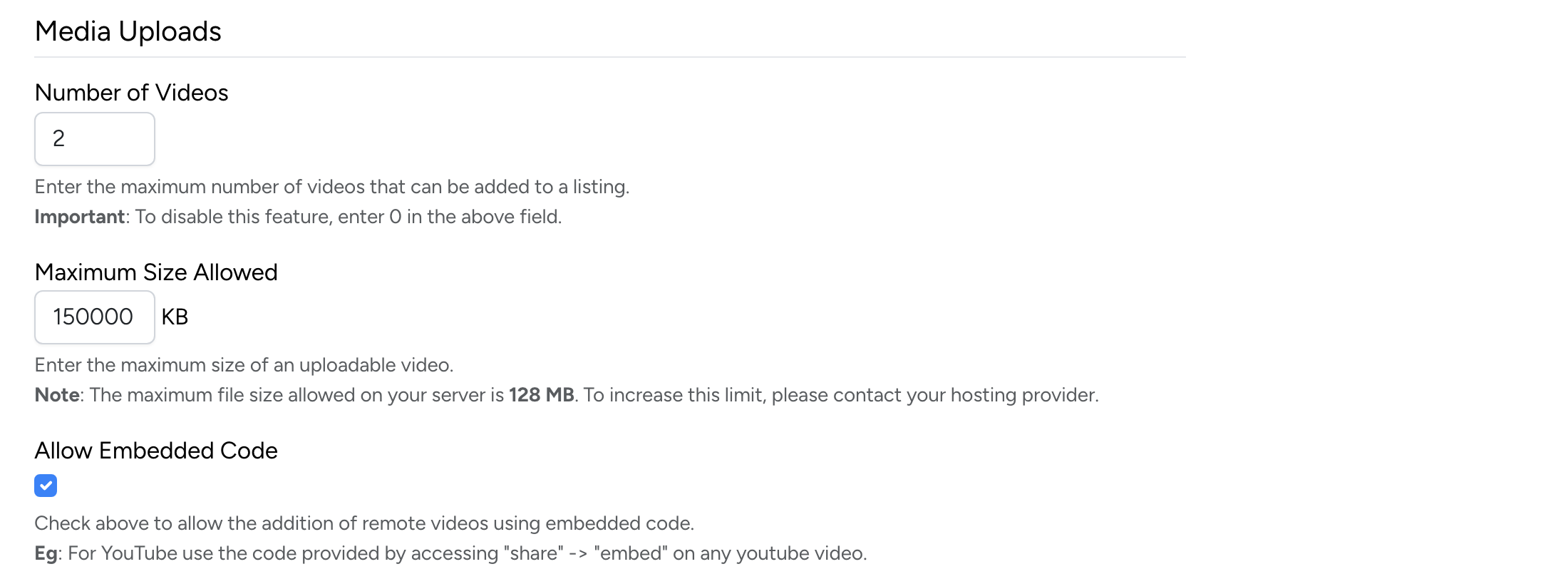 PHP Pro Bid — Admin media upload settings showing number of videos, maximum size, and allow embedded code options
