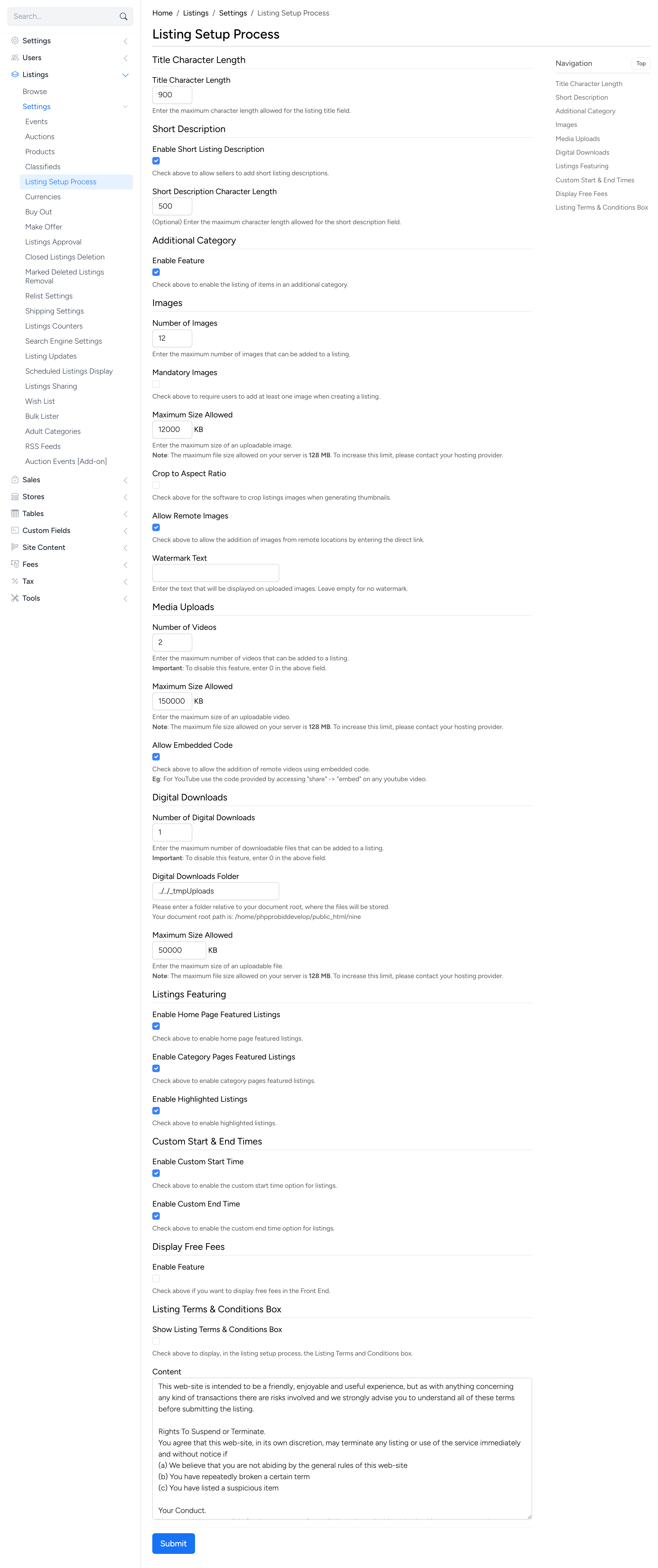 PHP Pro Bid — Full Listing Setup Process settings page in admin with sidebar navigation