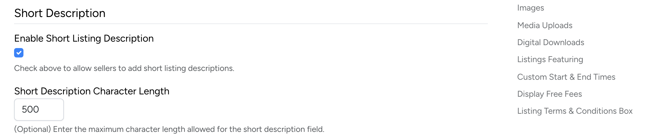 PHP Pro Bid — Short Description settings showing Enable Short Listing Description checkbox and character length