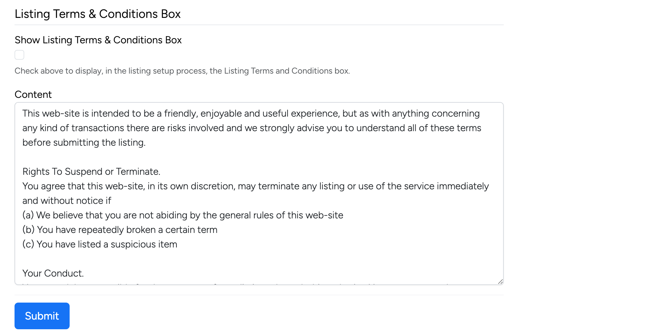 PHP Pro Bid — Listing Terms and Conditions settings showing enable checkbox and content editor