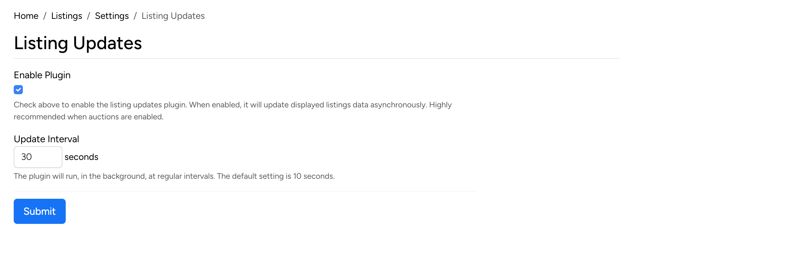 PHP Pro Bid admin — Listing Updates settings with Enable Plugin and Update Interval