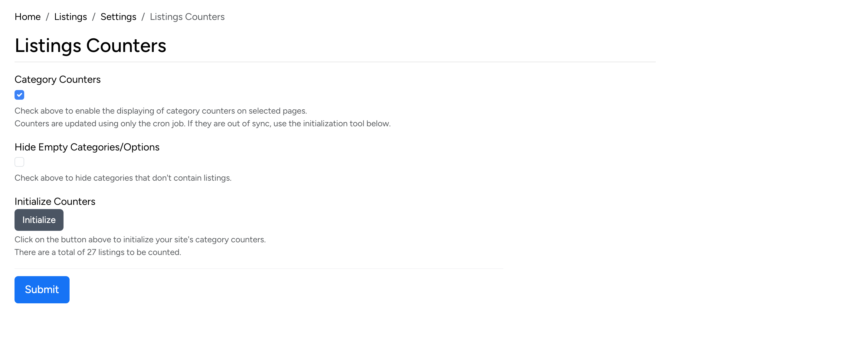 PHP Pro Bid admin — Listings Counters settings with Category Counters, Hide Empty Categories, and Initialize Counters button
