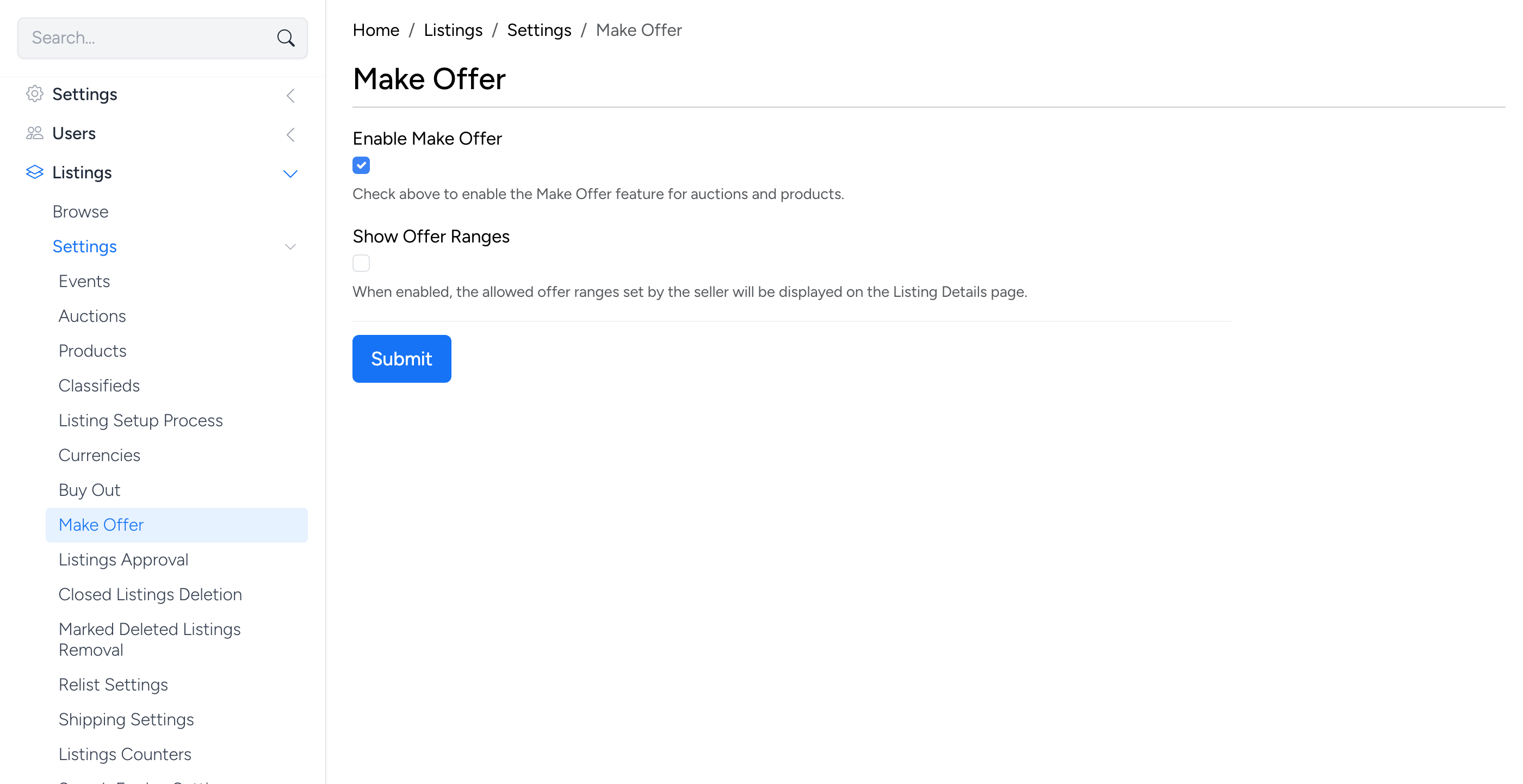 PHP Pro Bid — Admin Make Offer settings showing Enable Make Offer and Show Offer Ranges options