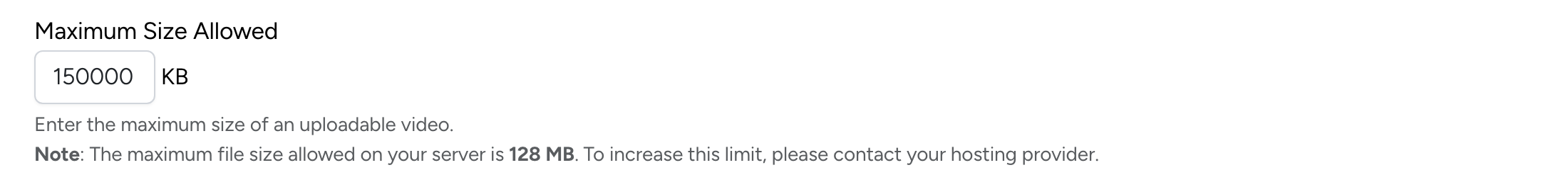 PHP Pro Bid — Maximum Size Allowed setting for media uploads with input field and server limit note
