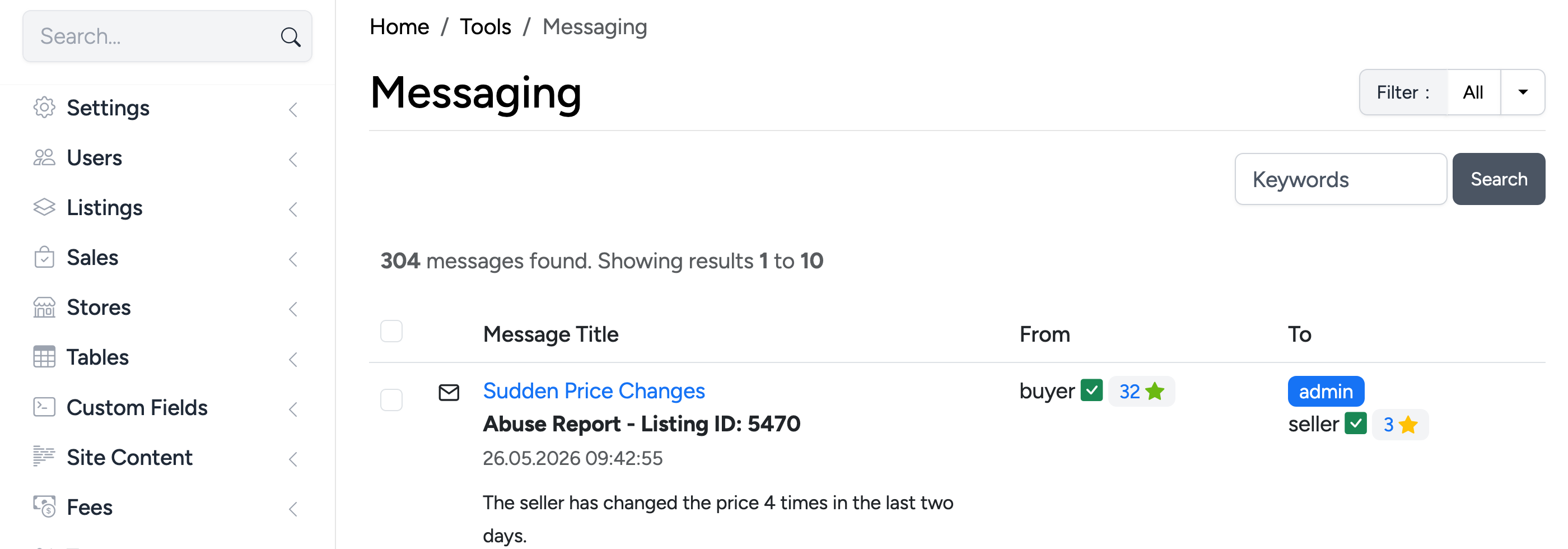 PHP Pro Bid admin — Messaging list showing the abuse report from buyer to admin and seller