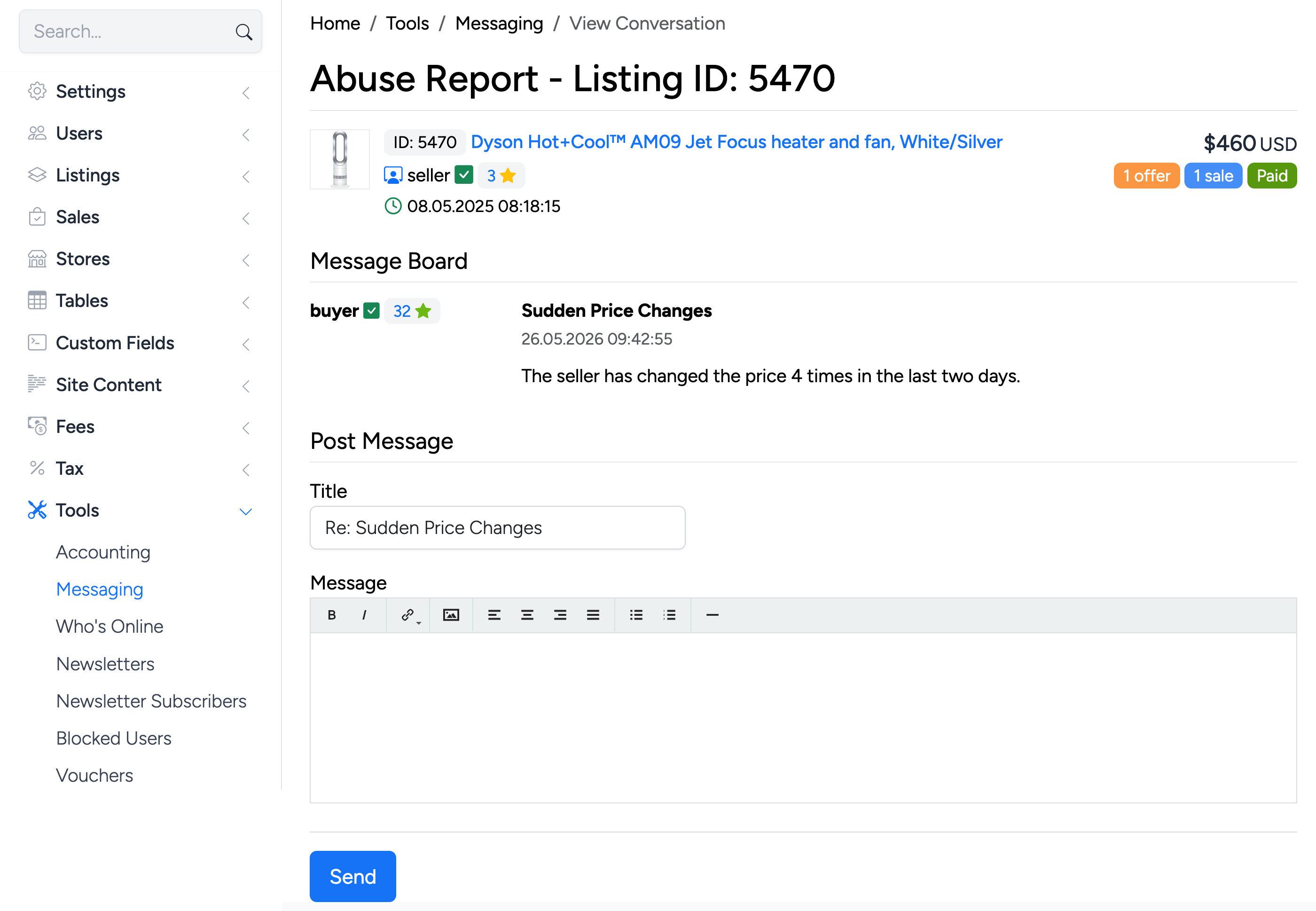 PHP Pro Bid admin — View Conversation page showing the abuse report details with listing info and reply form