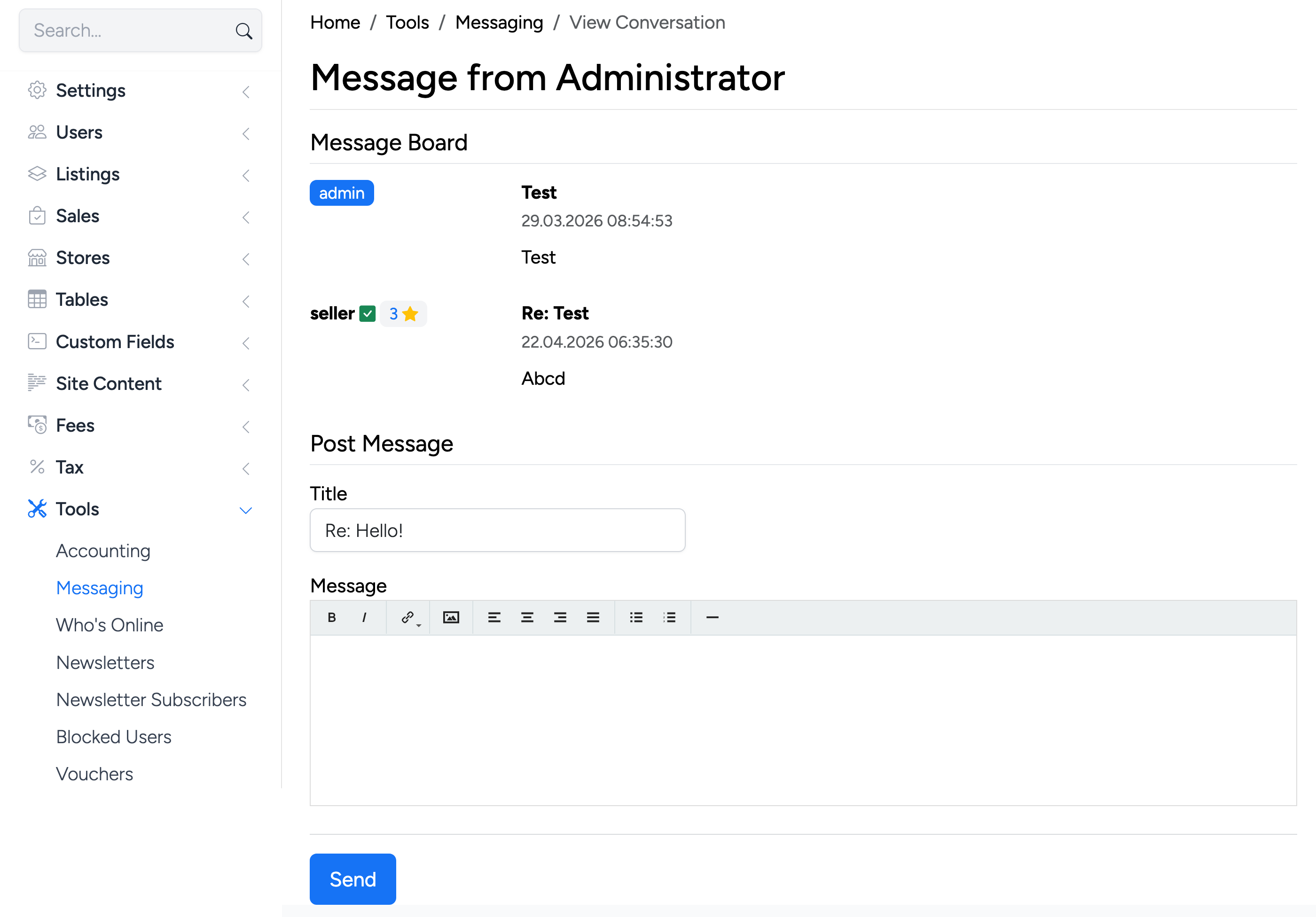 PHP Pro Bid admin — View Conversation page showing message thread between admin and seller with reply form