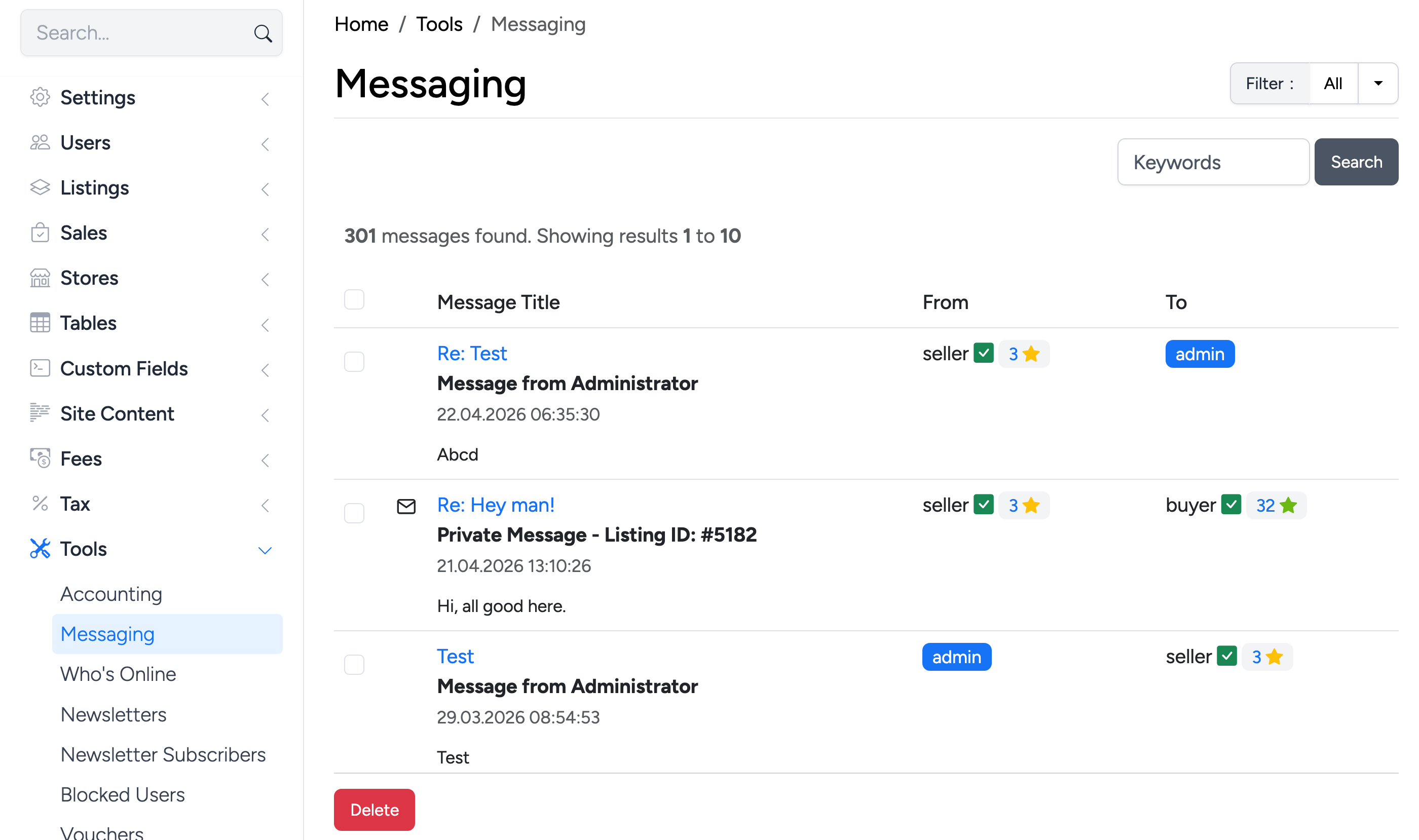 PHP Pro Bid admin — Messaging management page showing message list with titles, sender, recipient, and filter options