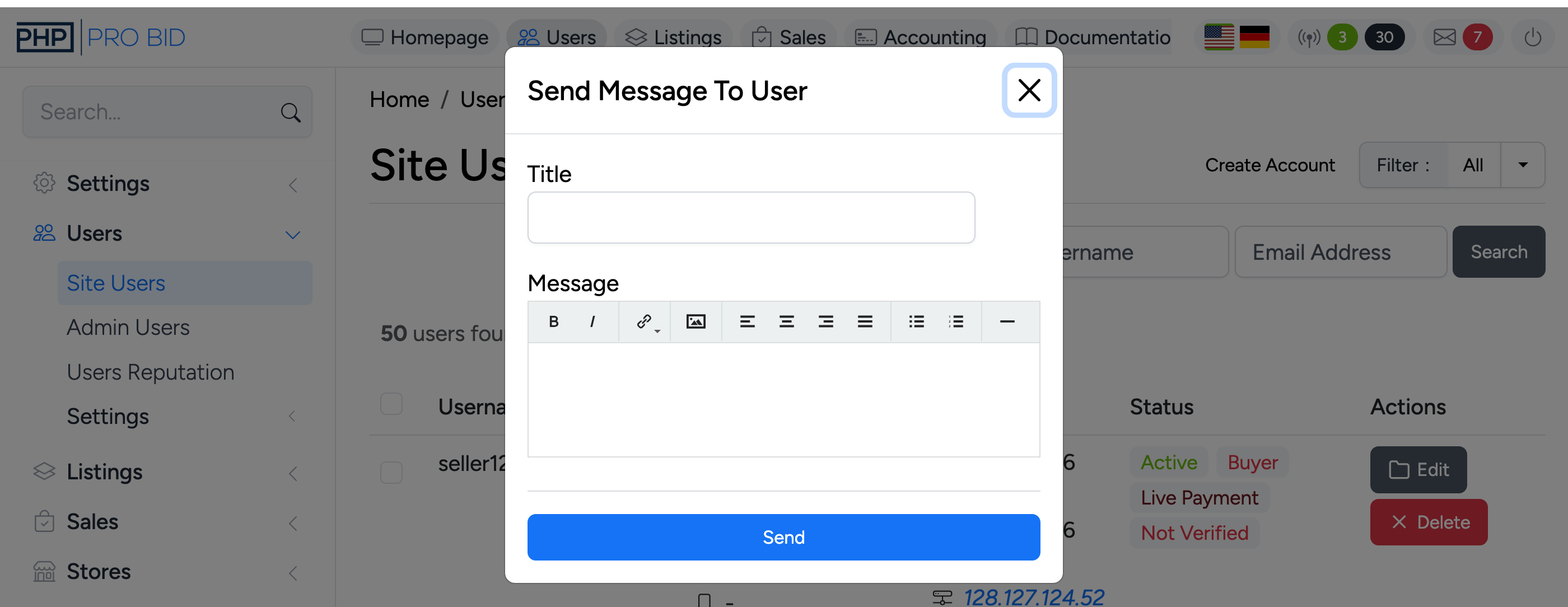 PHP Pro Bid admin — Send Message To User modal with Title and Message fields