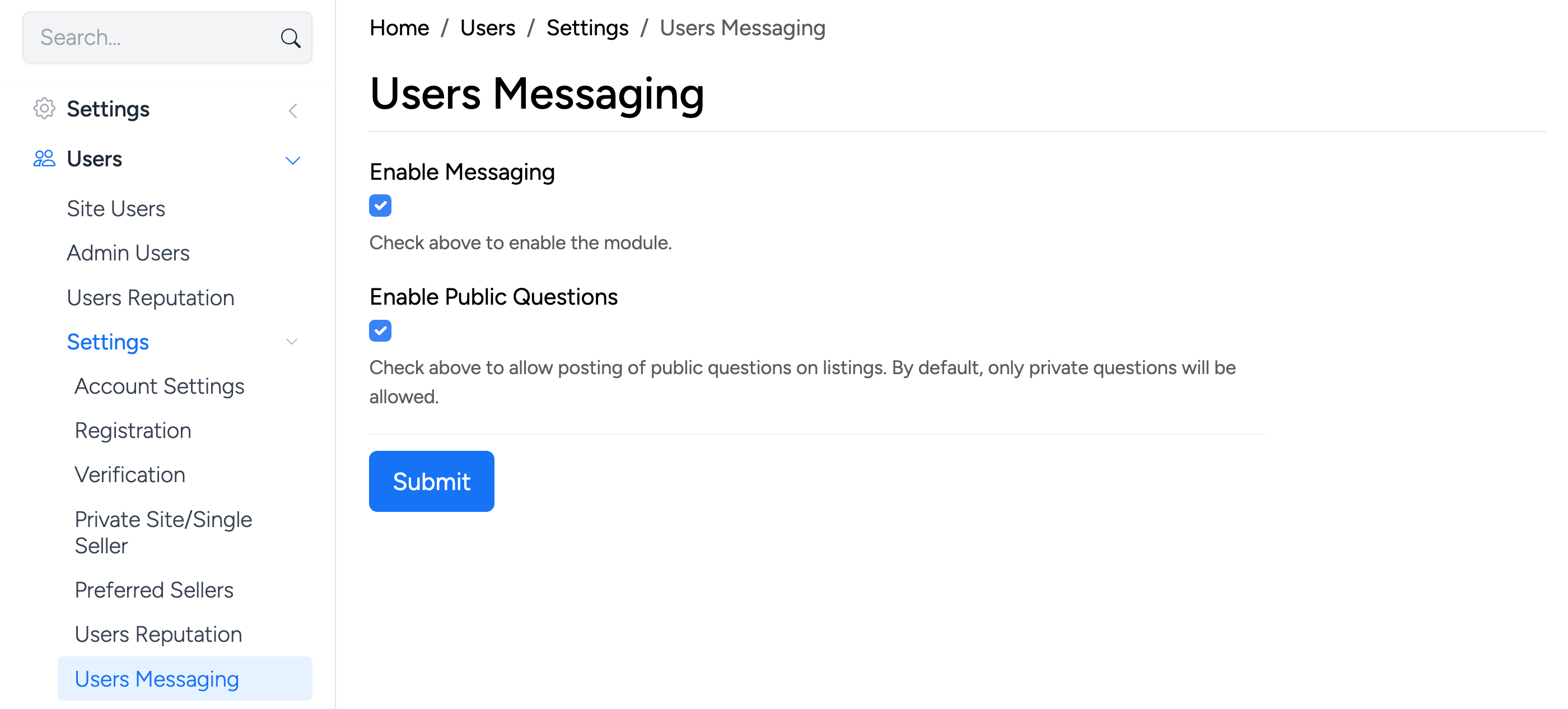 PHP Pro Bid admin — Users Messaging settings showing Enable Messaging and Enable Public Questions checkboxes