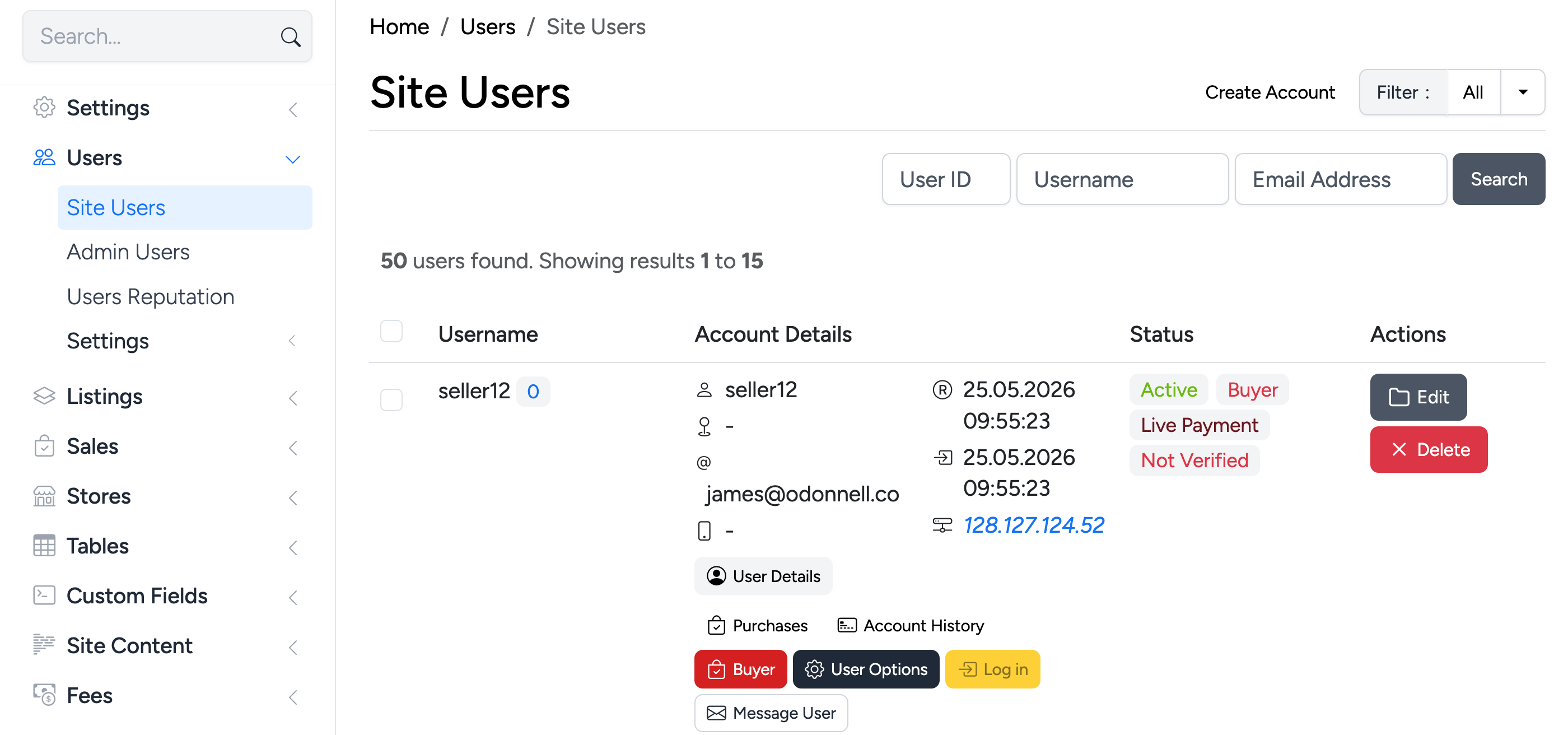 PHP Pro Bid admin — Site Users page with expanded user details showing the Message User action button