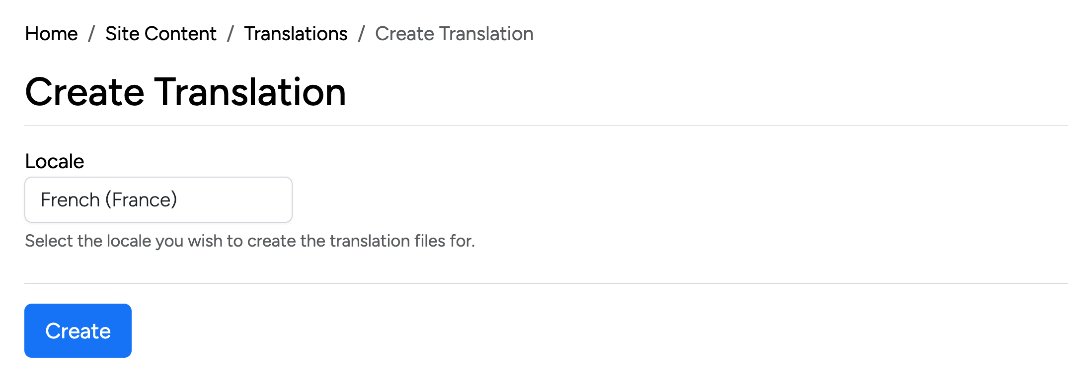 PHP Pro Bid admin — Create Translation screen with a Locale dropdown set to French (France) and a Create button